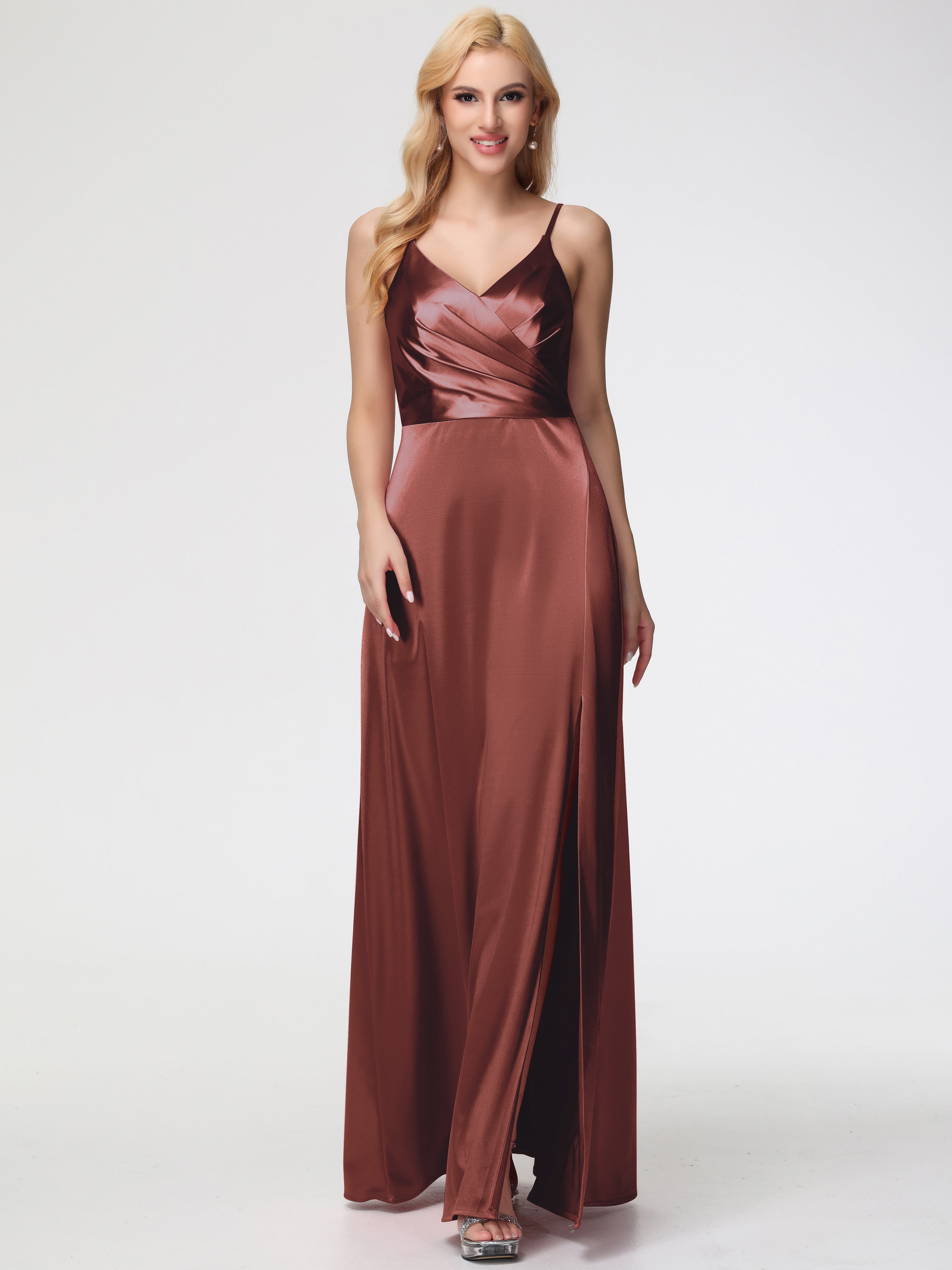 Terracotta Color Bridesmaid Dress Spaghetti Straps A-Line V-Neck Pleats Stretch Satin Bridesmaid Dresses