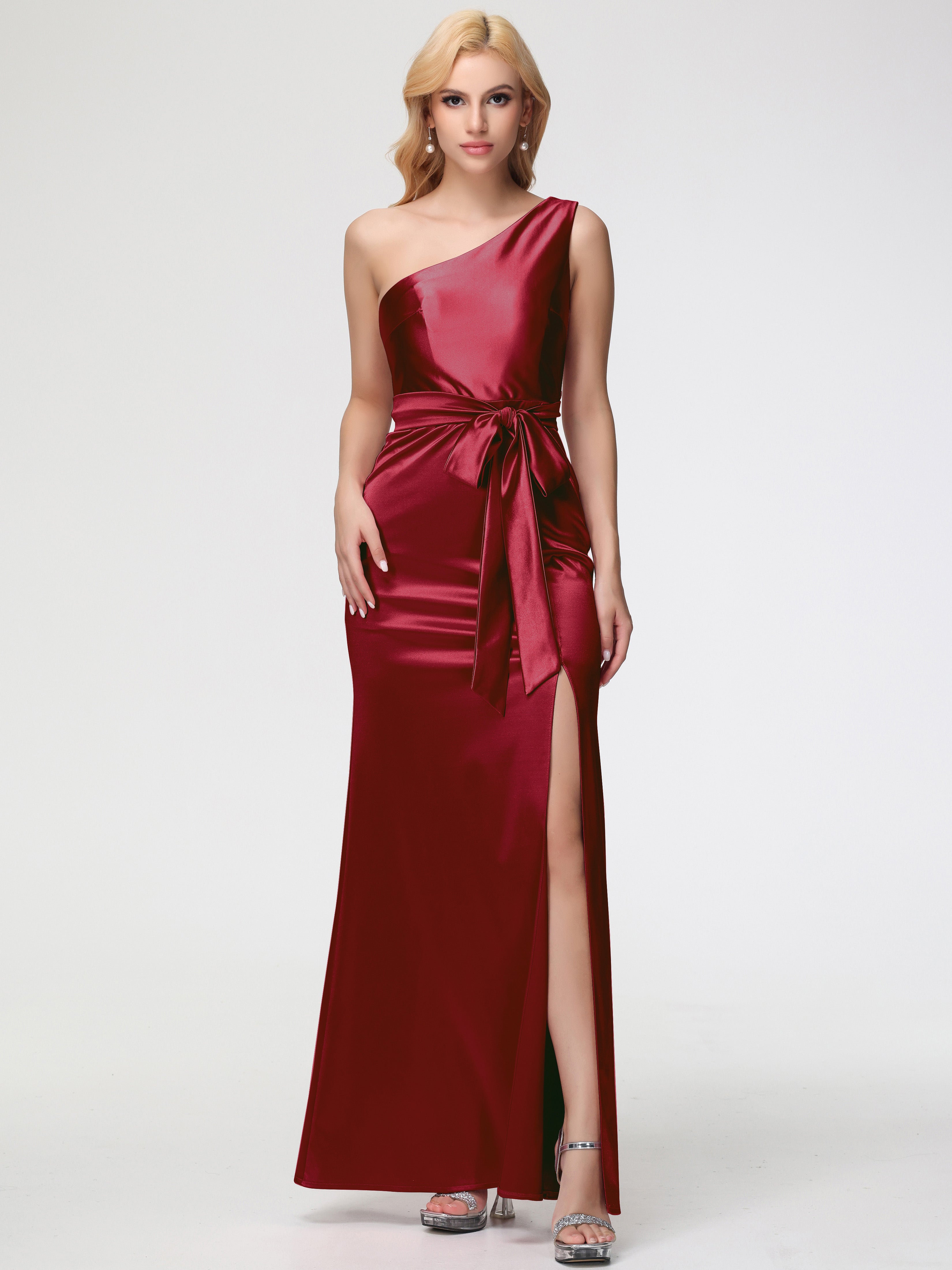 One Shoulder Burgundy Prom Dress One Shoulder Trumpet/Mermaid Sleeveless Pleats Stretch Satin Prom Dresses