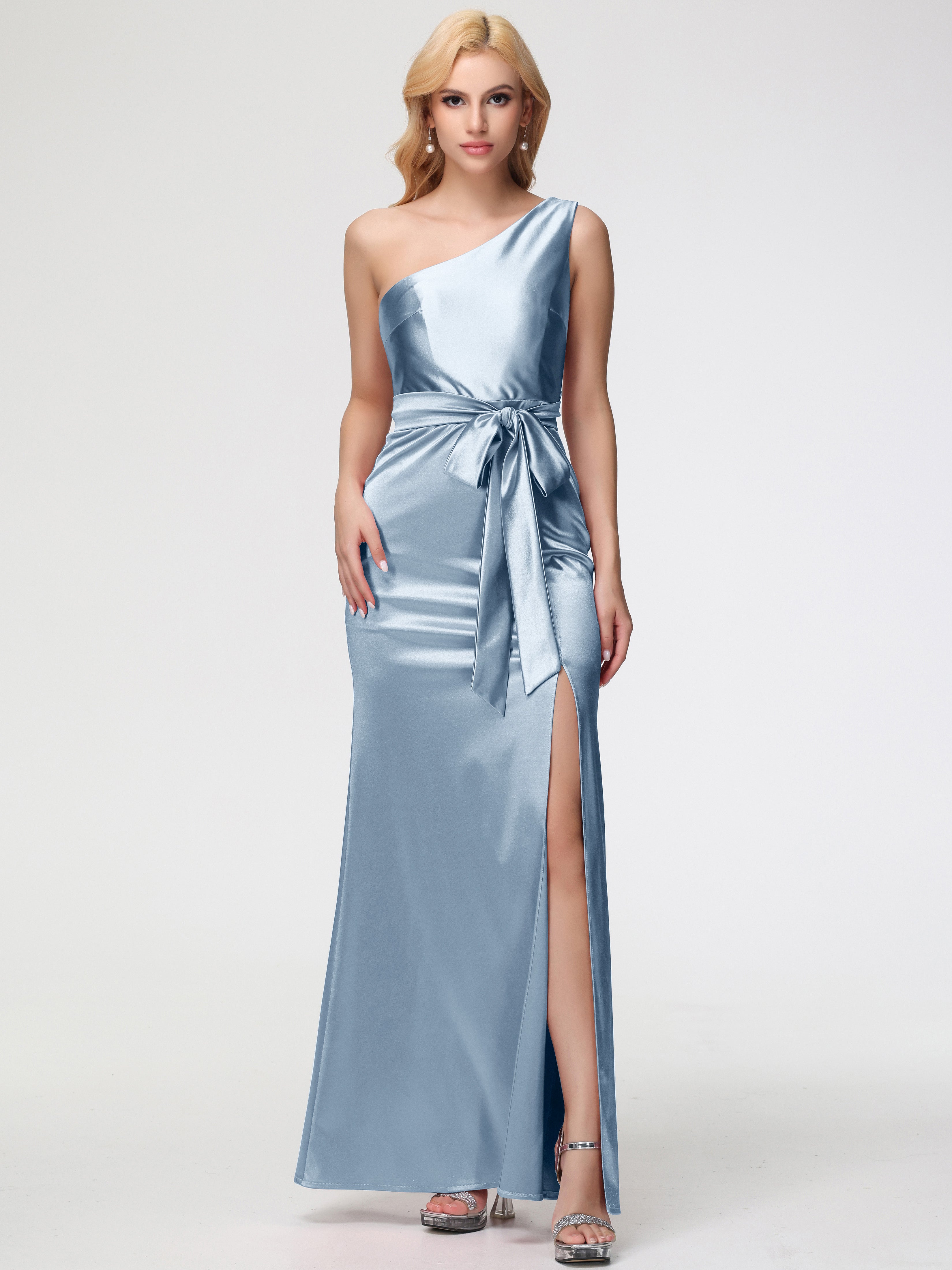 Dusty Blue Satin Prom Dress One Shoulder Trumpet/Mermaid Sleeveless Pleats Stretch Satin Prom Dresses