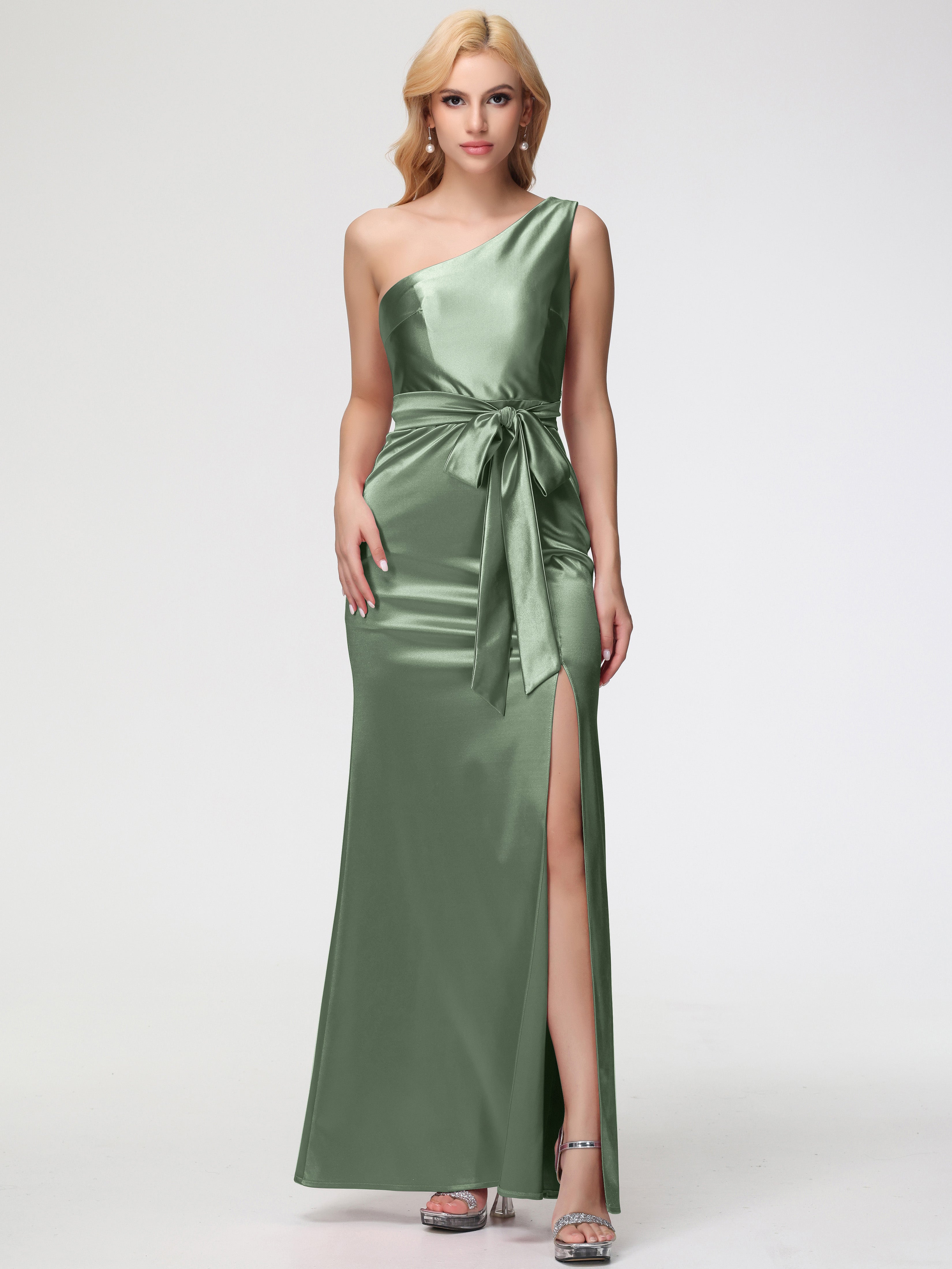 Dusty Sage Green Formal Dresses Trumpet/Mermaid One Shoulder Sleeveless Pleats Stretch Satin Formal Dresses with Split Dusty Sage Green Formal Dresses Trumpet/Mermaid One Shoulder Sleeveless Pleats Stretch Satin Formal Dresses with Split