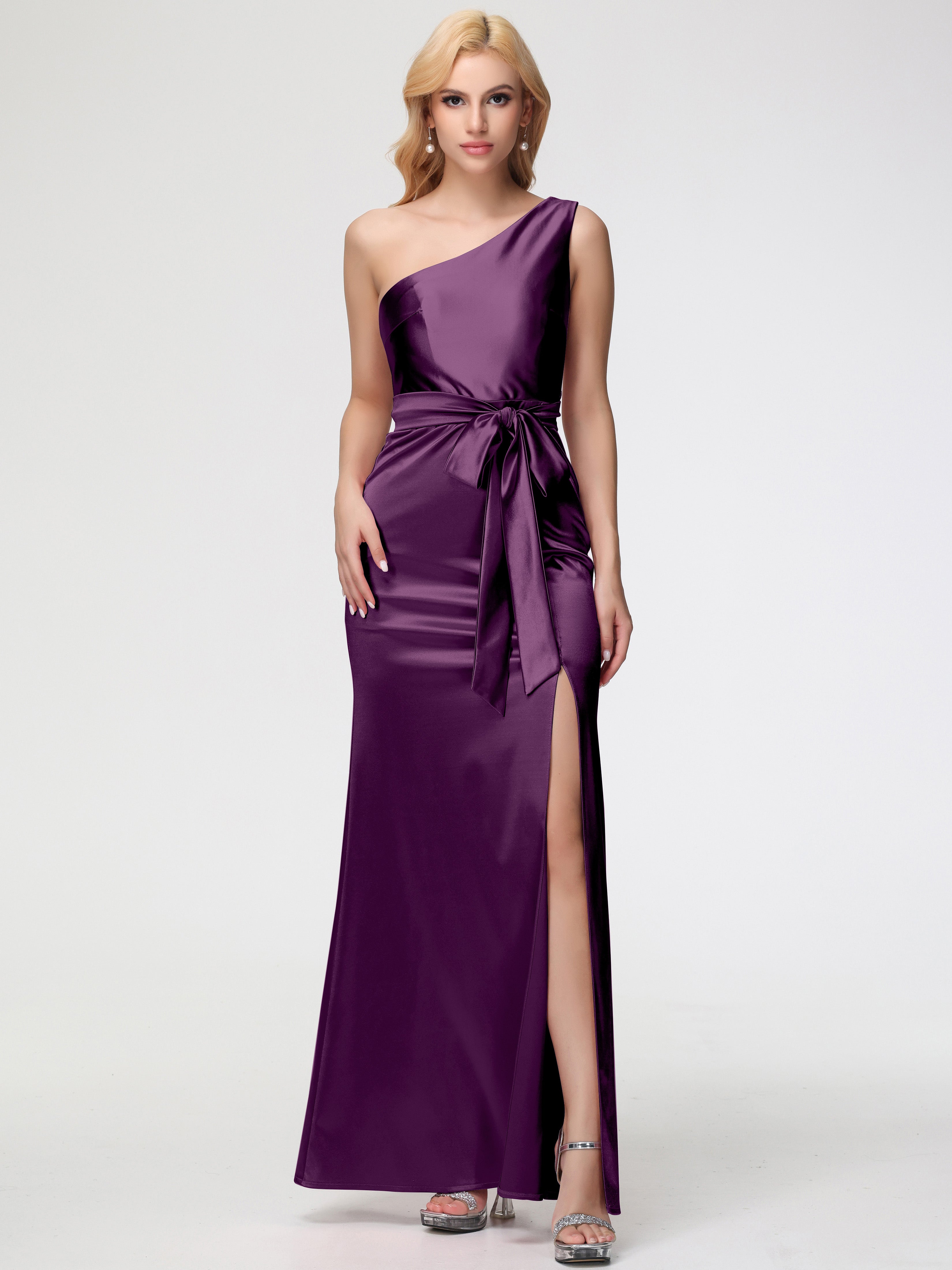 Grape Colour Formal Dresses One Shoulder Trumpet/Mermaid Sleeveless Pleats Stretch Satin Formal Dresses