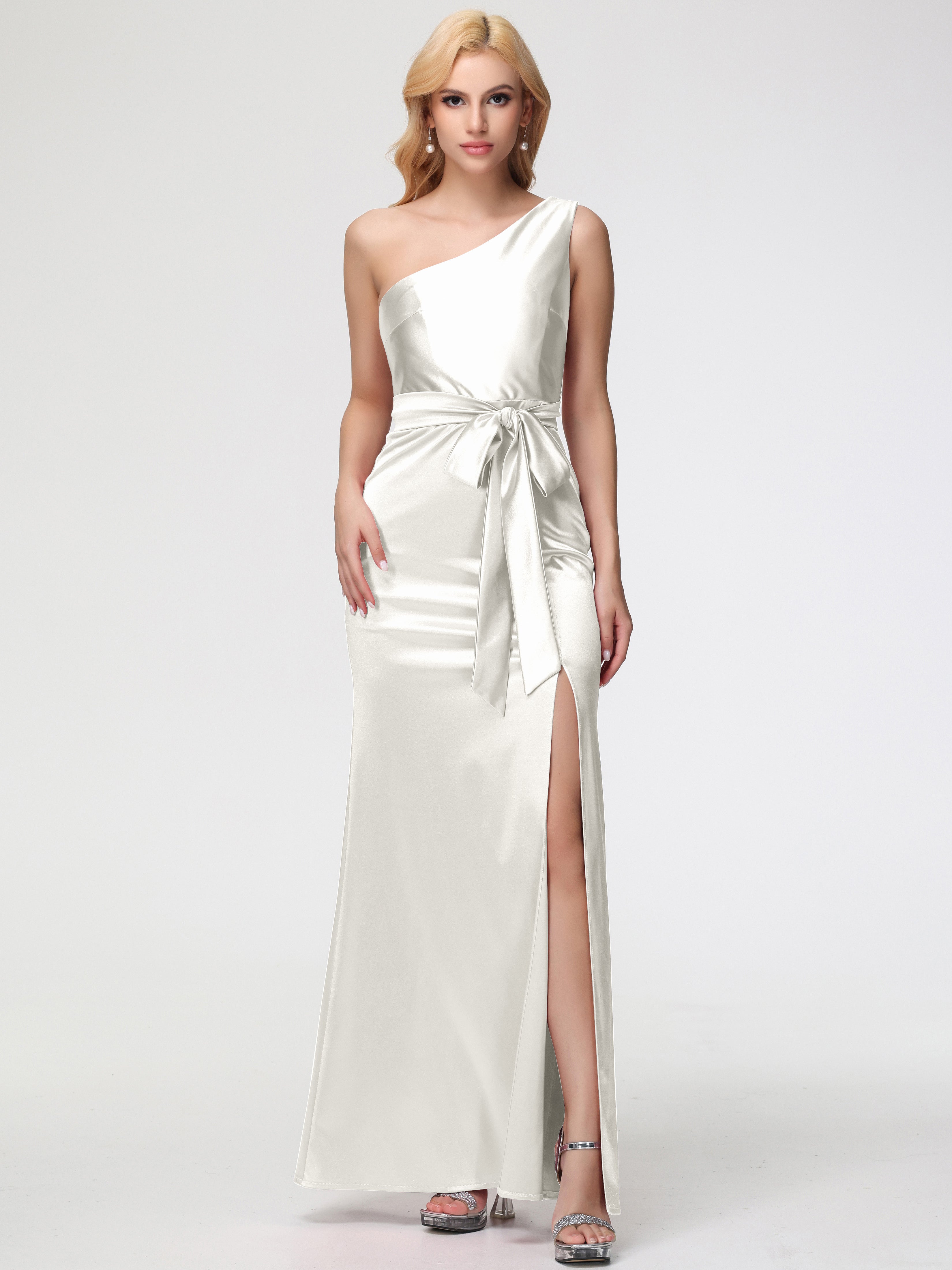 Ivory Adult Prom Dresses One Shoulder Trumpet/Mermaid Sleeveless Pleats Stretch Satin Prom Dresses