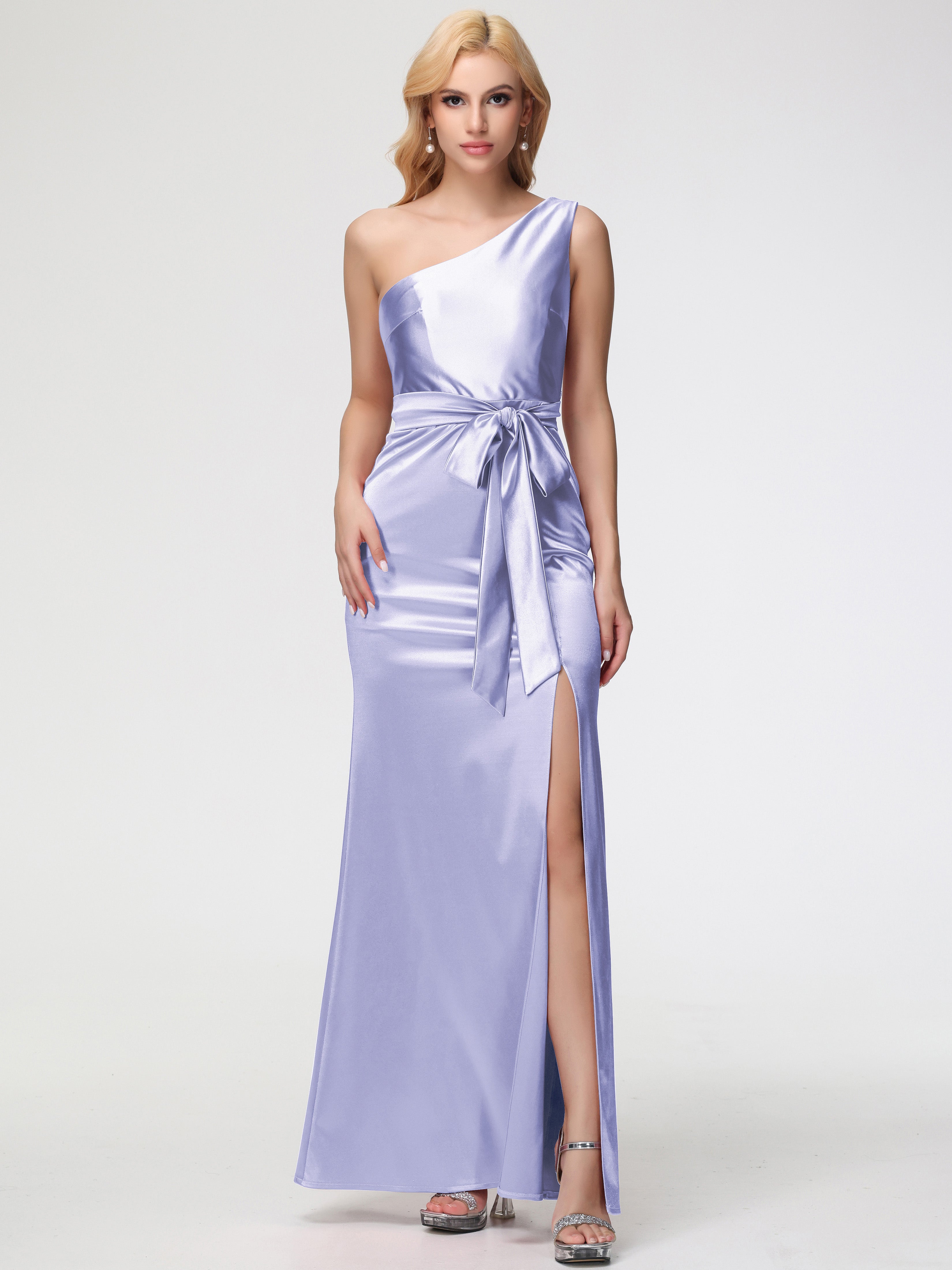 Lavender Prom Dress One Shoulder Trumpet/Mermaid Sleeveless Pleats Stretch Satin Prom Dresses
