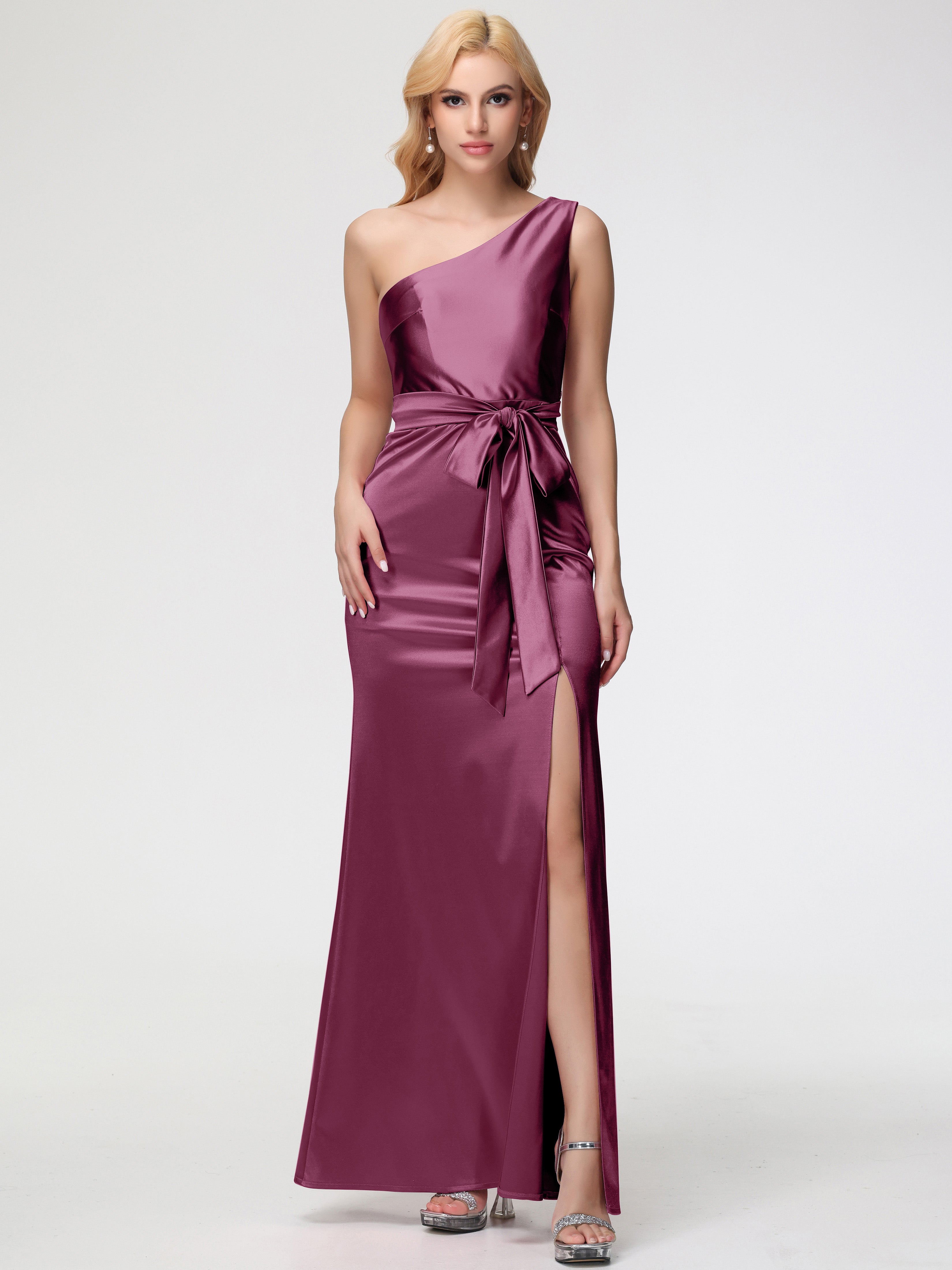 Mulberry Color Prom Dresses One Shoulder Trumpet/Mermaid Sleeveless Pleats Stretch Satin Prom Dresses