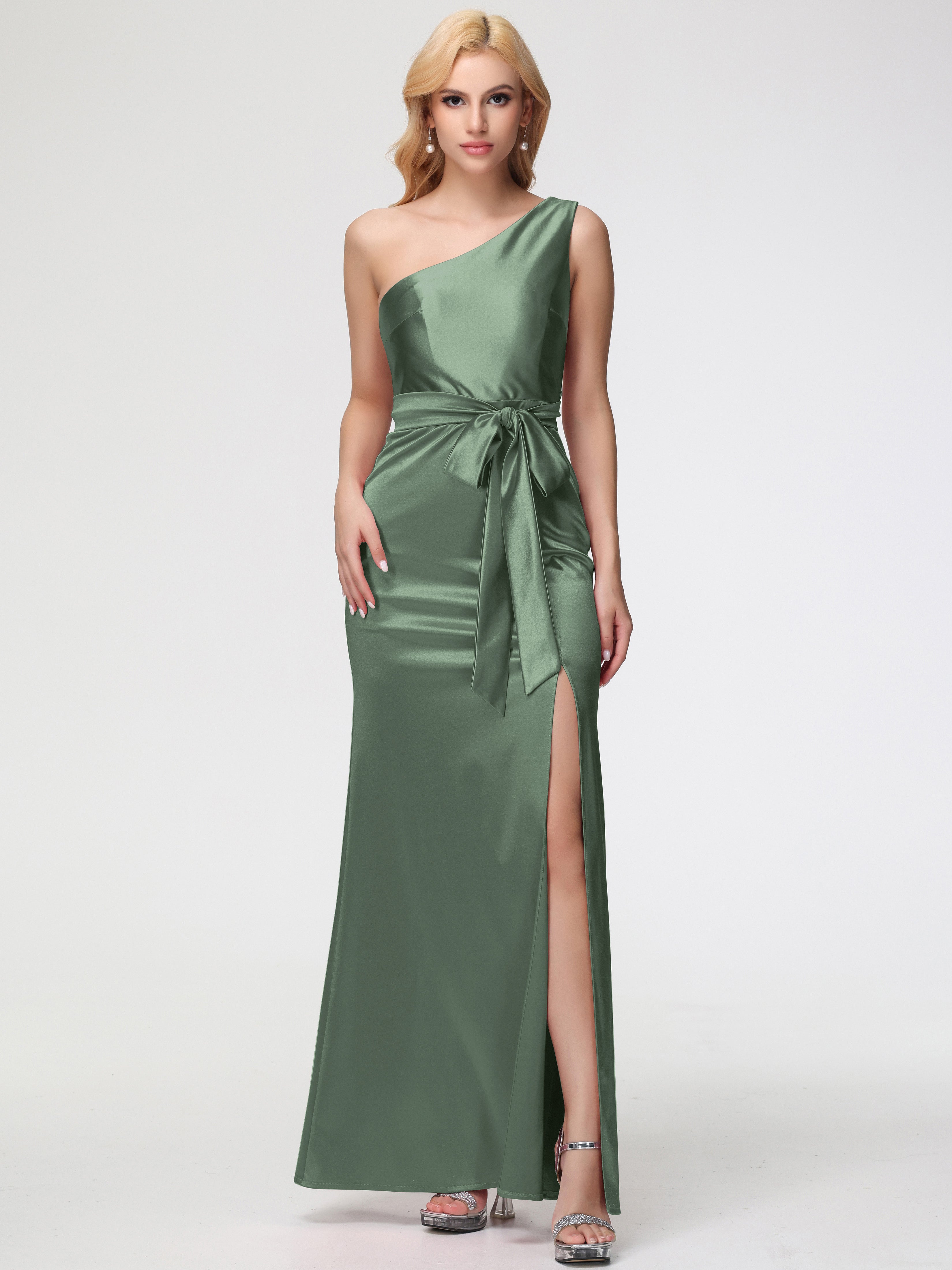 Olive Green Prom Dresses One Shoulder Trumpet/Mermaid Sleeveless Pleats Stretch Satin Prom Dresses