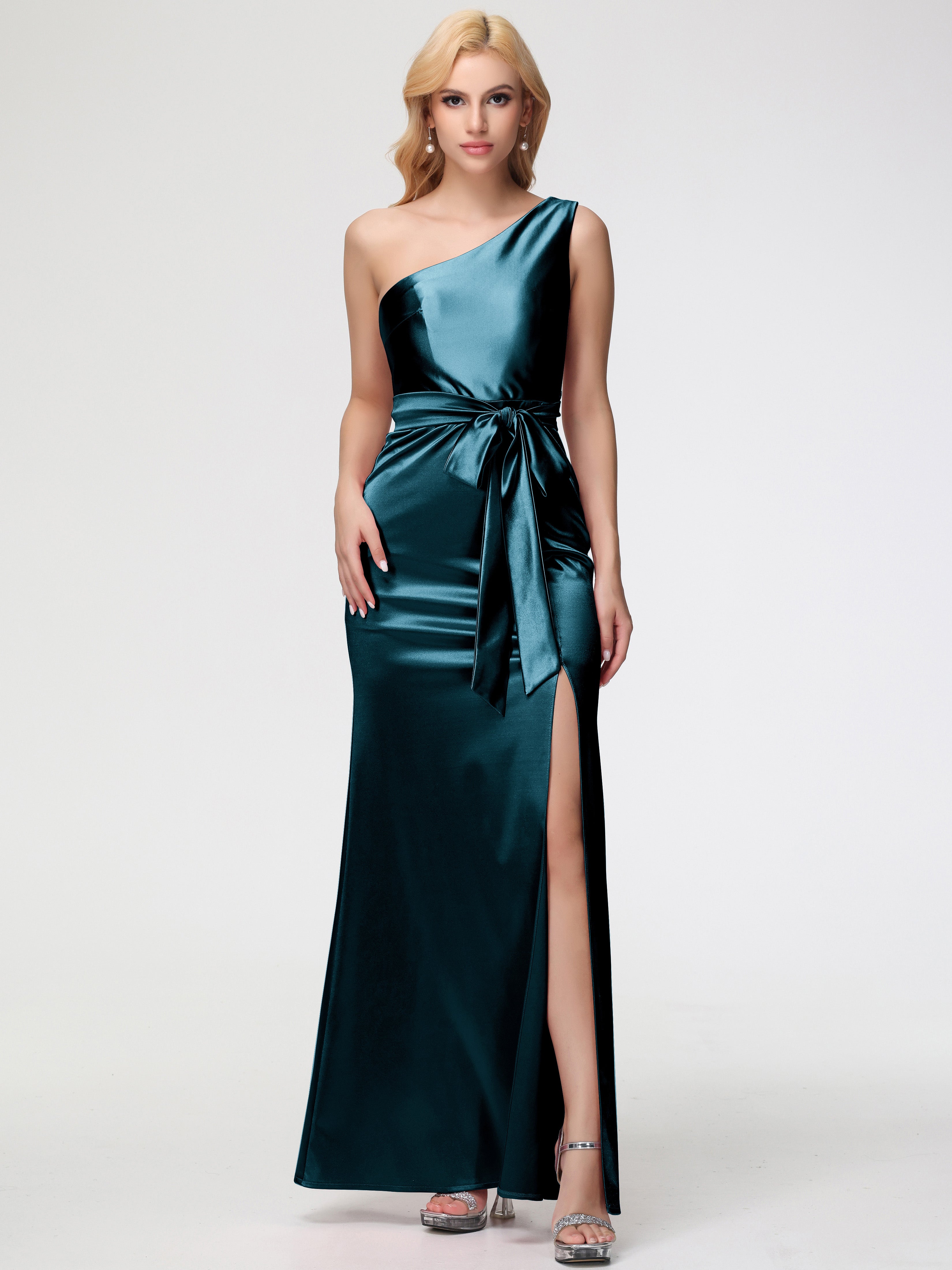 Peacock Colour Prom Dress One Shoulder Trumpet/Mermaid Sleeveless Pleats Stretch Satin Prom Dresses