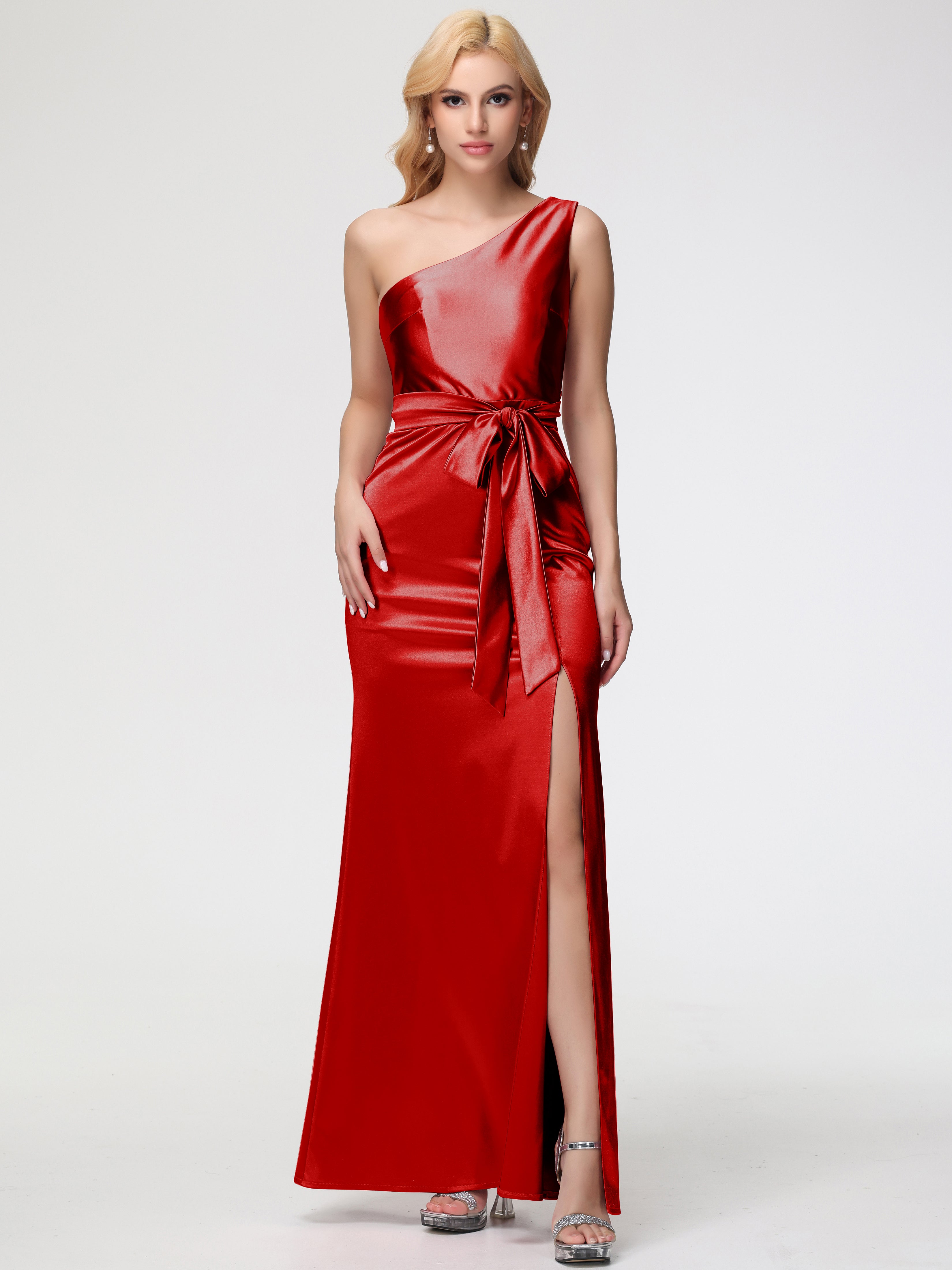 Formal Dresses Red One Shoulder Trumpet/Mermaid Sleeveless Pleats Stretch Satin Formal Dresses