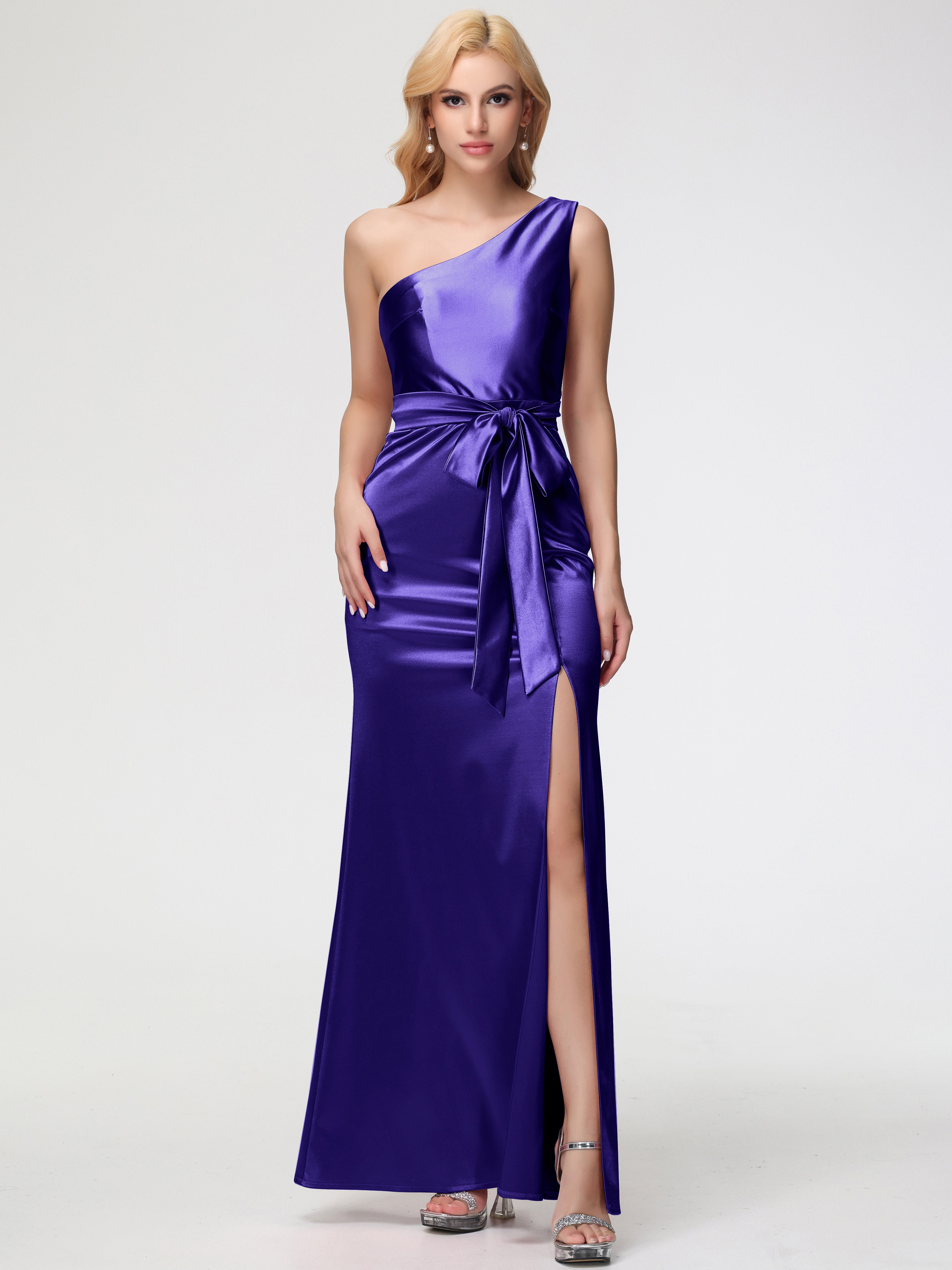 Regency Purple Prom Dress One Shoulder Trumpet/Mermaid Sleeveless Pleats Stretch Satin Prom Dresses