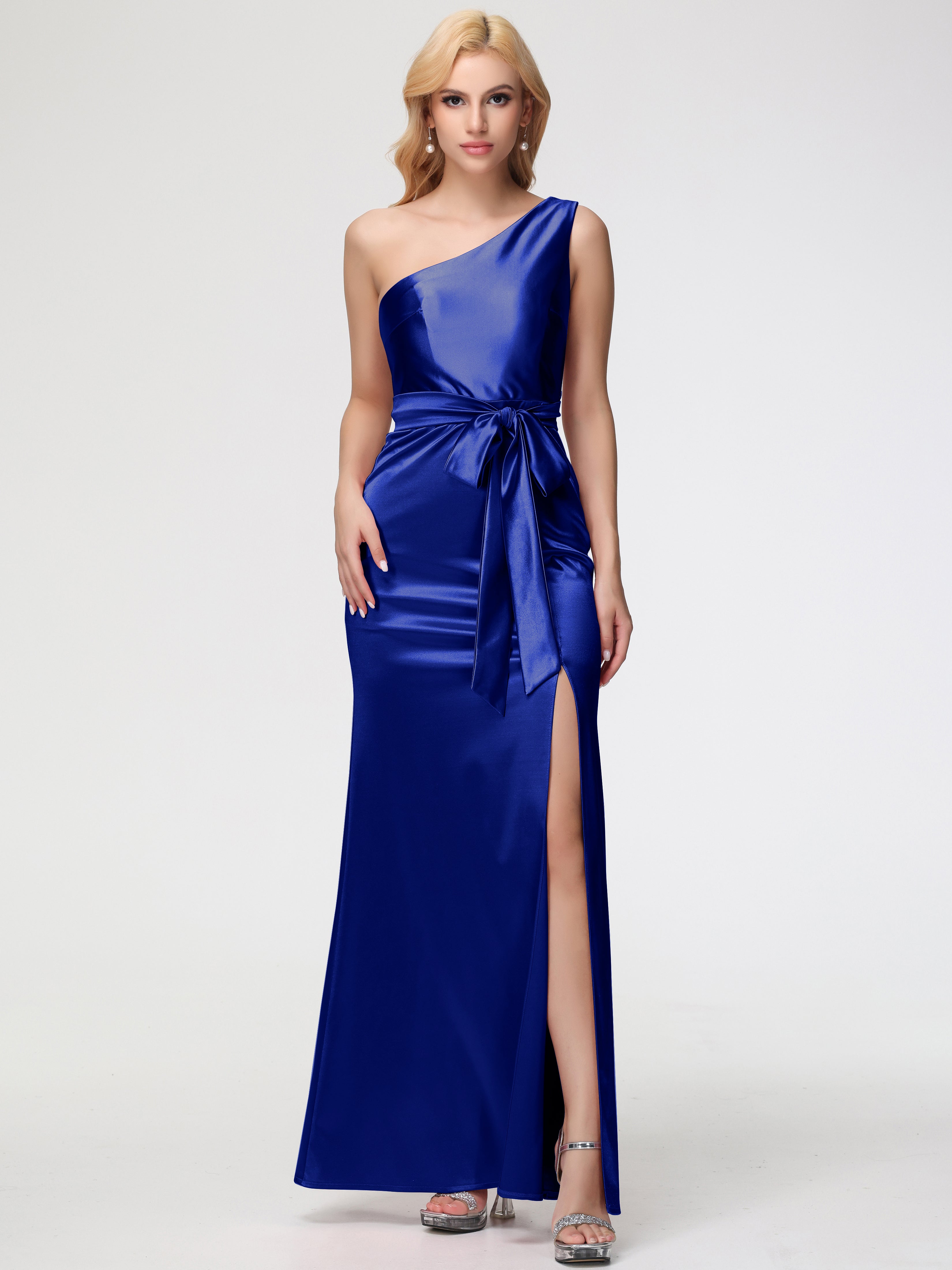 Royal Blue Dresses For Prom One Shoulder Trumpet/Mermaid Sleeveless Pleats Stretch Satin Prom Dresses