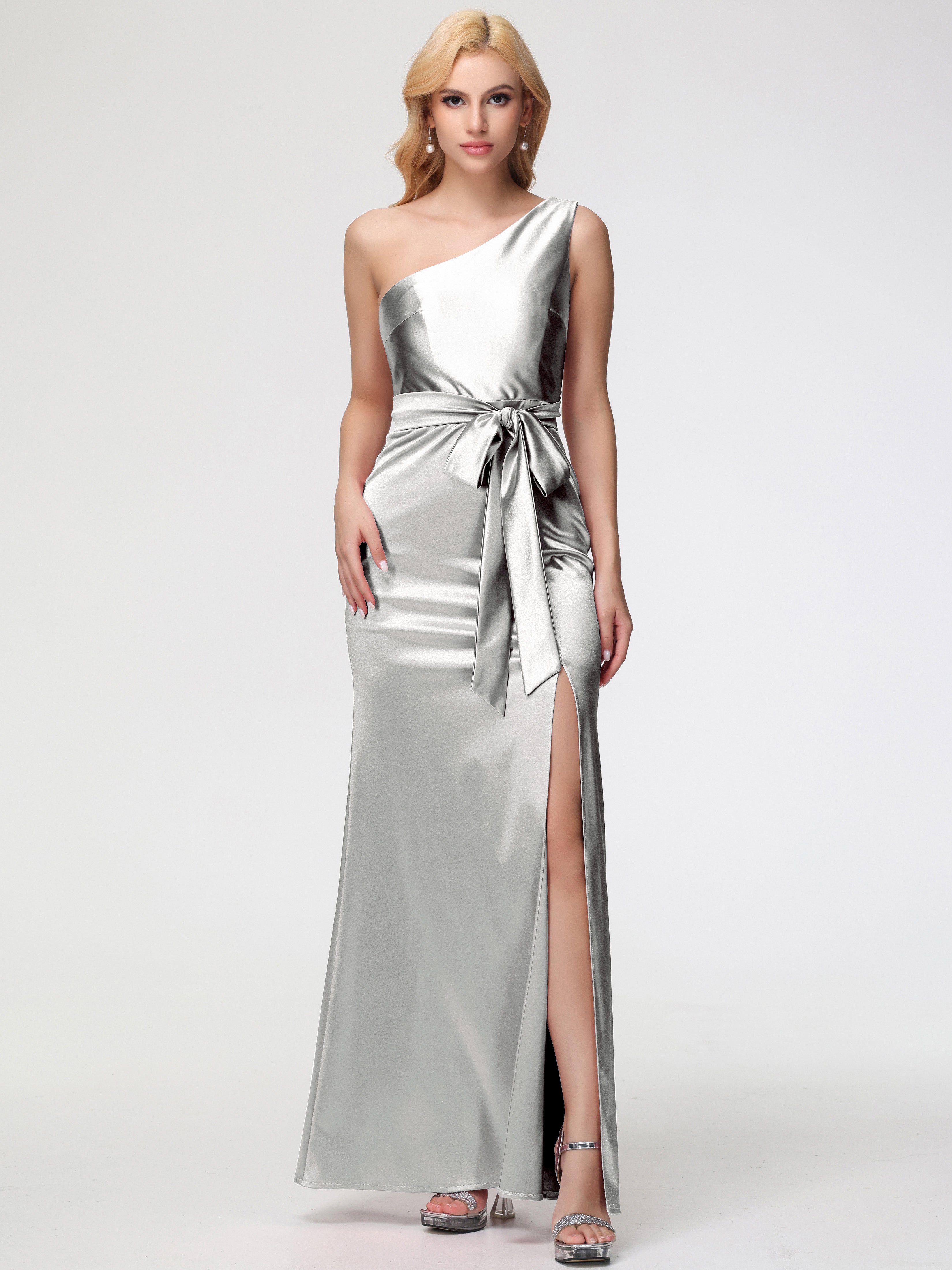 Prom Dresses Silver One Shoulder Trumpet/Mermaid Sleeveless Pleats Stretch Satin Prom Dresses