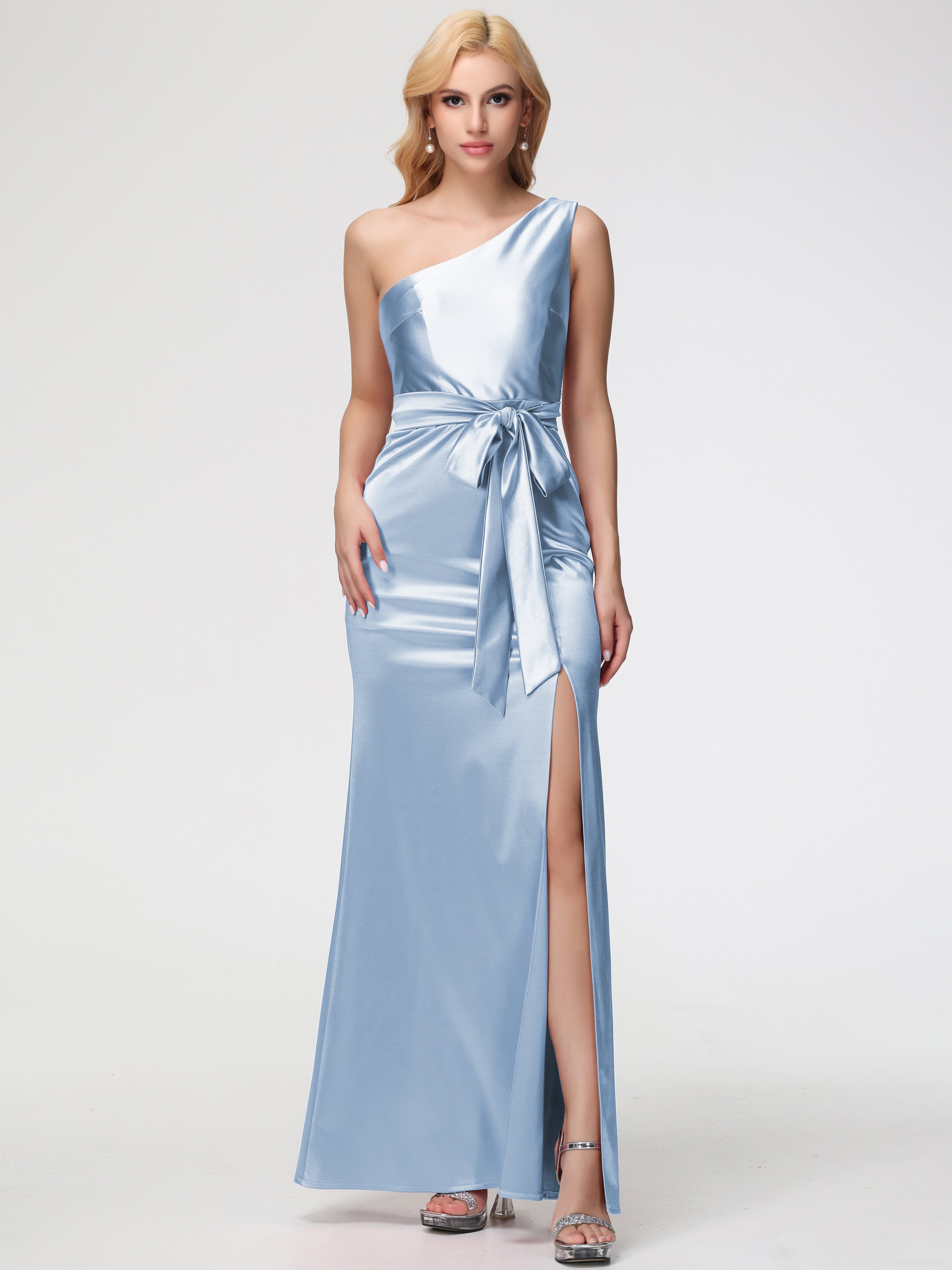 Sky Blue Prom One Shoulder Trumpet/Mermaid Sleeveless Pleats Stretch Satin Prom Dresses