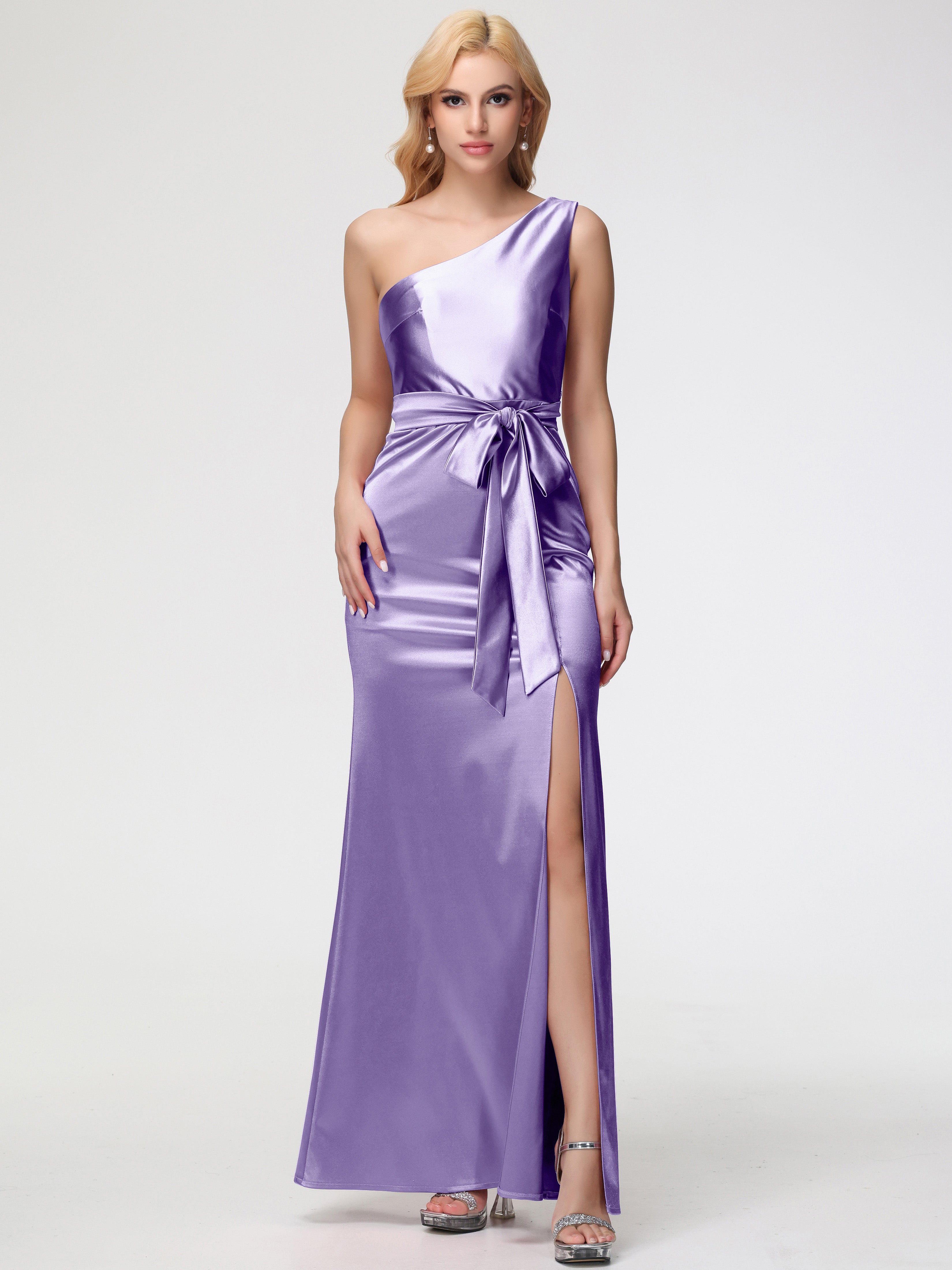 Tahiti Purple Prom Dresses One Shoulder Trumpet/Mermaid Sleeveless Pleats Stretch Satin Prom Dresses