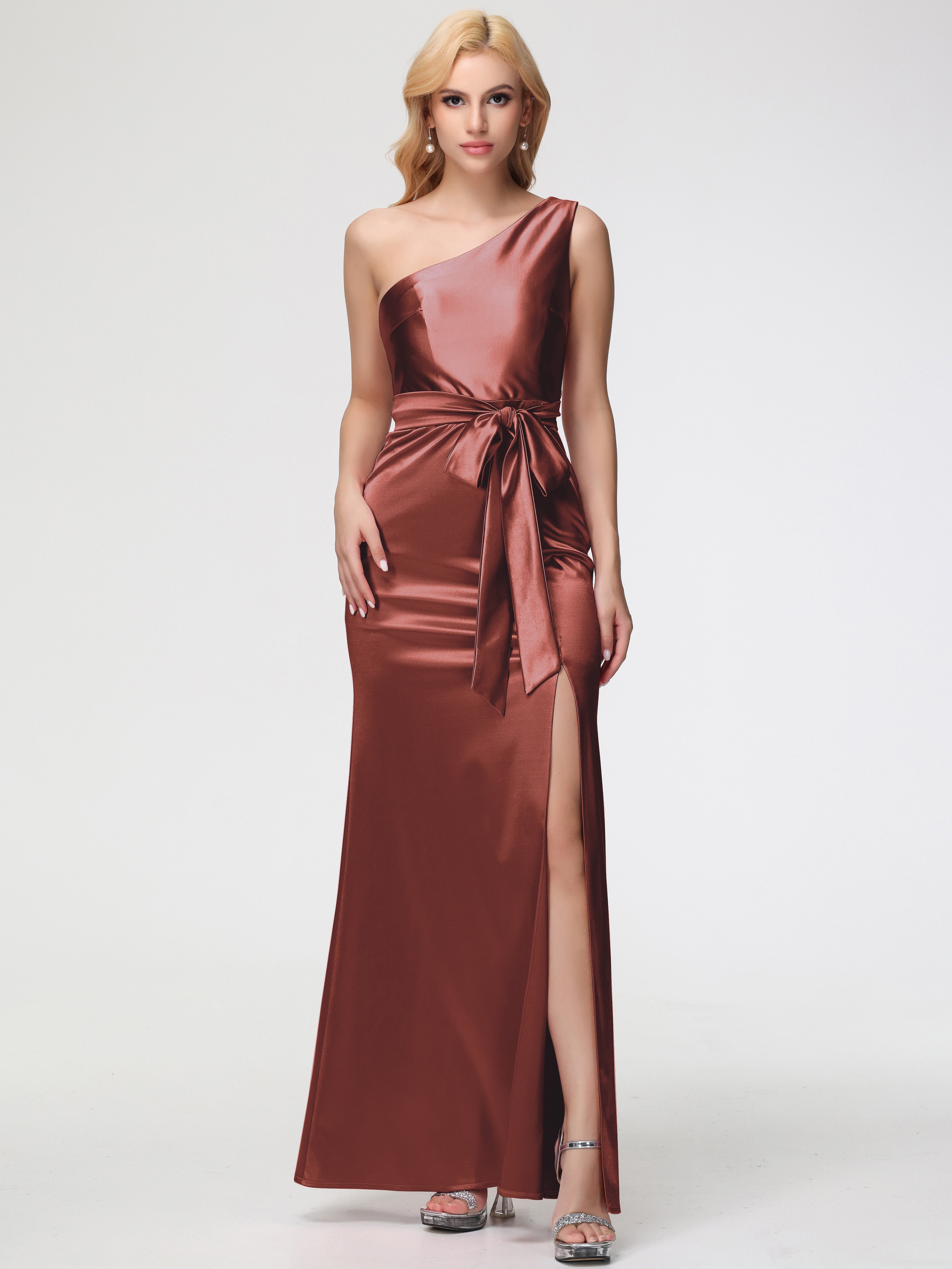 Satin Terracotta Formal Dress One Shoulder Trumpet/Mermaid Sleeveless Pleats Stretch Satin Formal Dresses