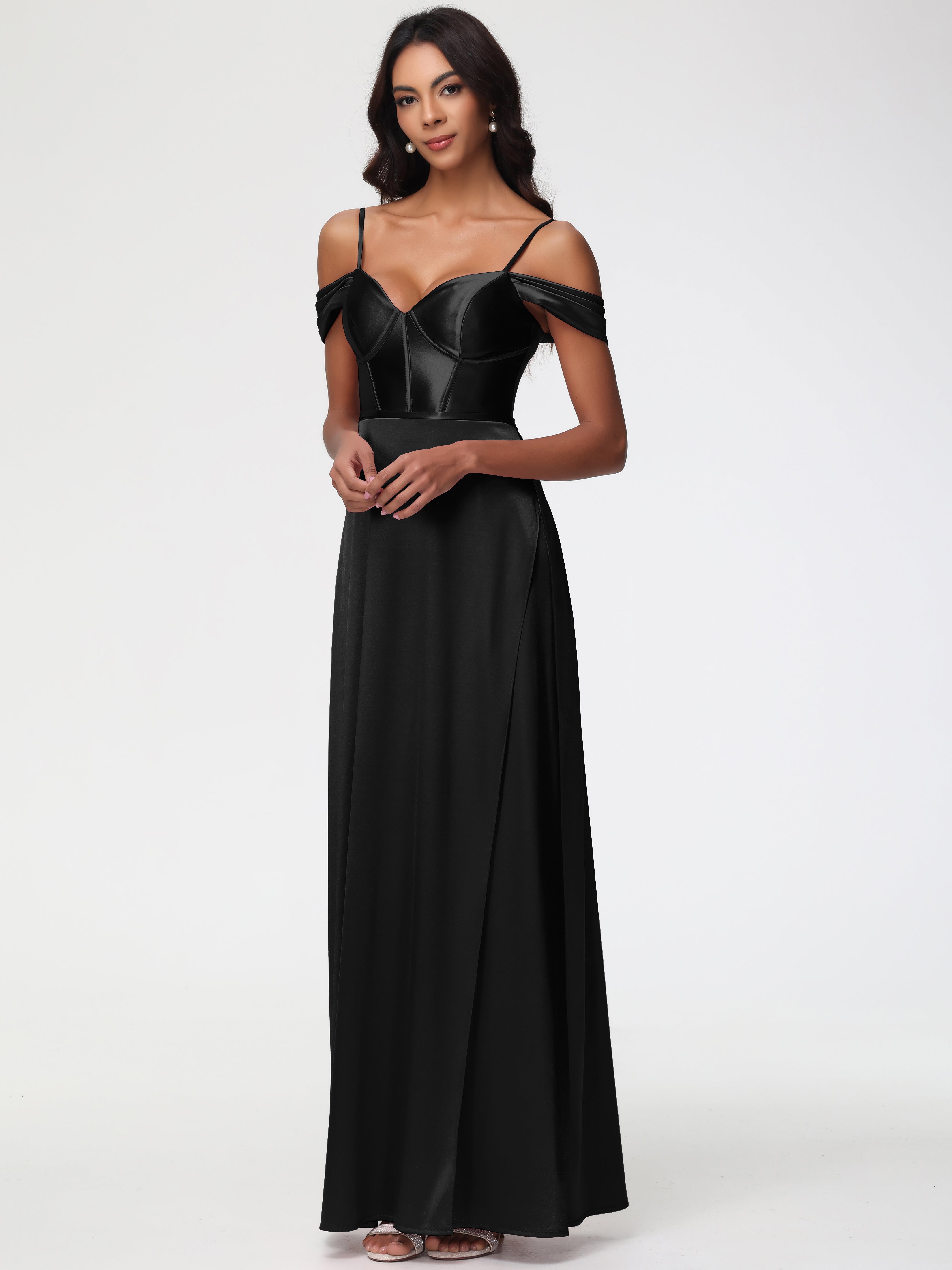 black off the shoulder sweetheart dress Black Maxi Dress Formal Dress Off The Shoulder Sweetheart Spaghetti Straps Long Stretch Satin Formal Dress