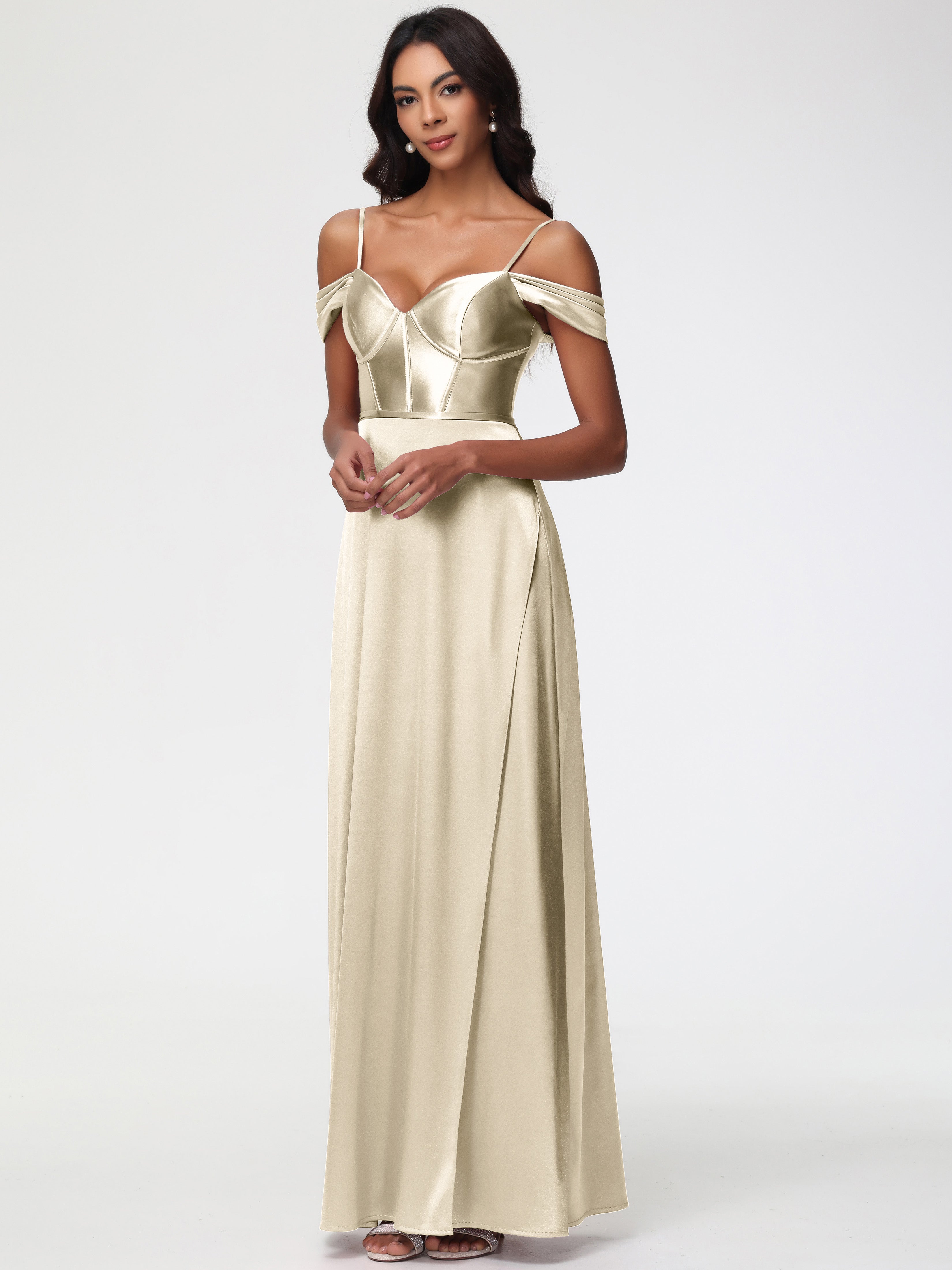 Champagne Bridesmaid Dresses Off The Shoulder Sweetheart Spaghetti Straps Long Stretch Satin Bridesmaid Dress Champagne Bridesmaid Dresses Off The Shoulder Sweetheart Spaghetti Straps Long Stretch Satin Bridesmaid Dress