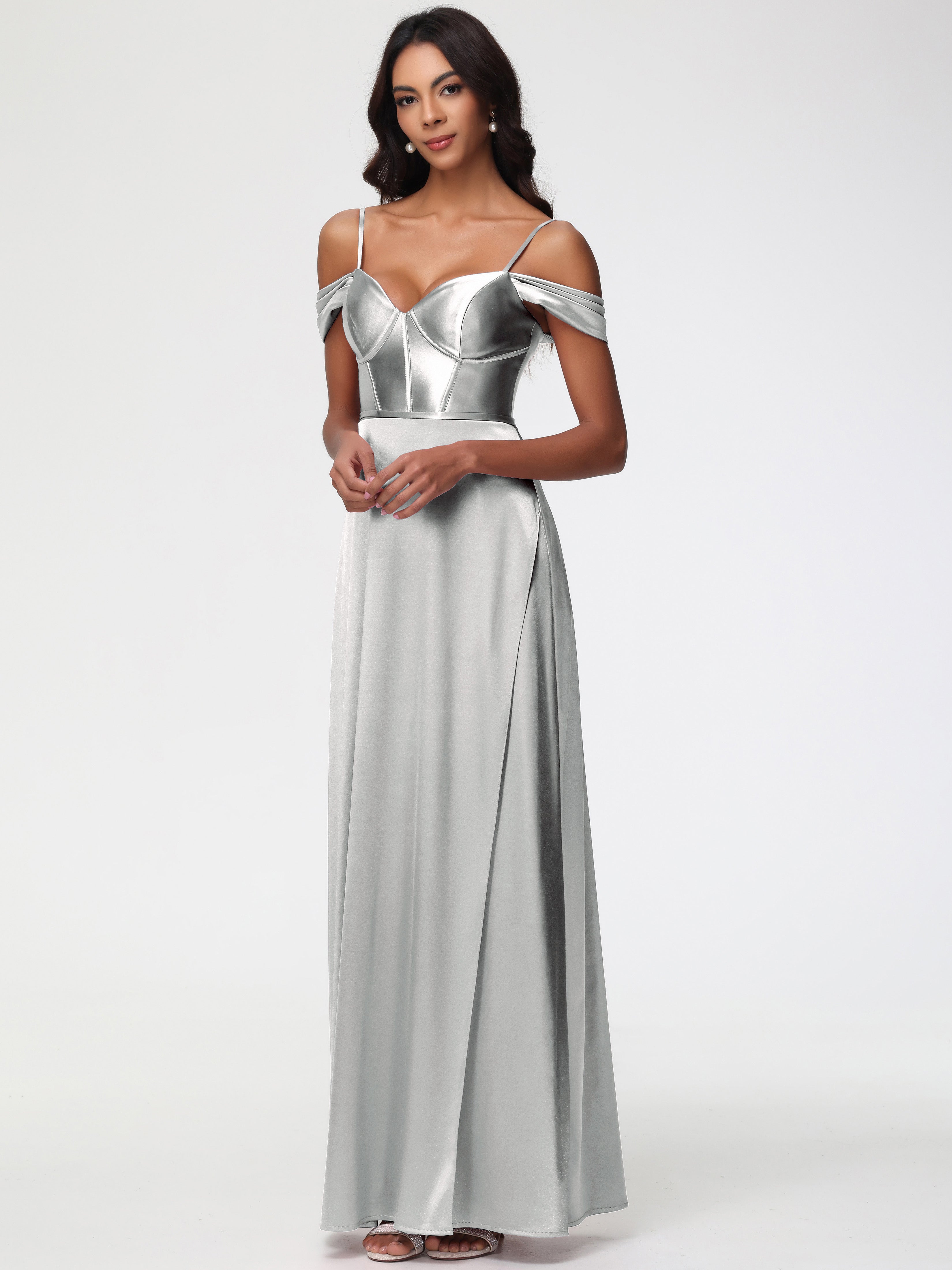 Silver Bridesmaid Dresses Off The Shoulder Sweetheart Spaghetti Straps Long Stretch Satin Bridesmaid Dress Silver Bridesmaid Dresses Off The Shoulder Sweetheart Spaghetti Straps Long Stretch Satin Bridesmaid Dress