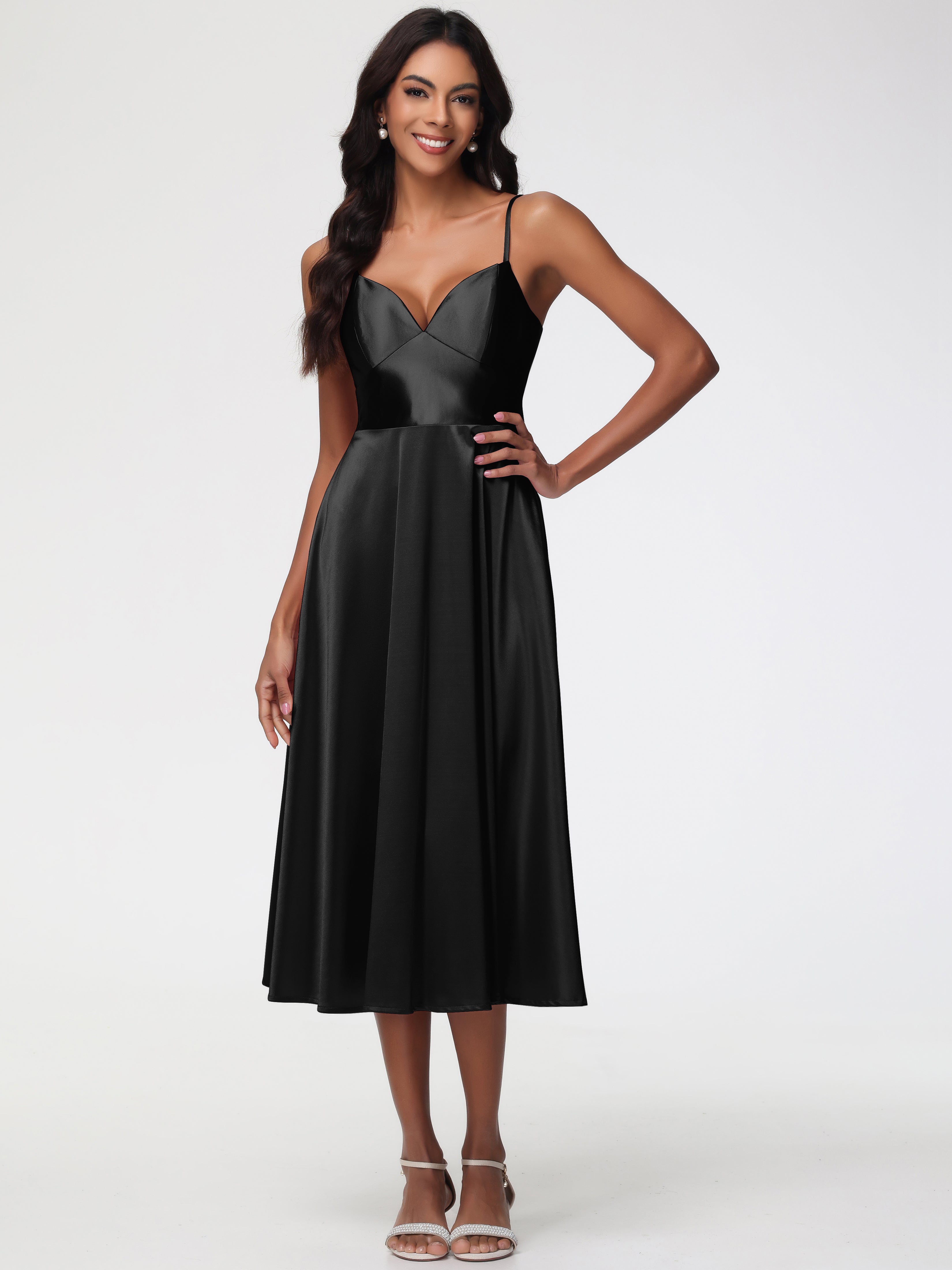 Bridesmaids Dresses Black Stretch Satin Simple A Line Spaghetti Straps Tea Length Bridesmaid Dress Bridesmaids Dresses Black Stretch Satin Simple A Line Spaghetti Straps Tea Length Bridesmaid Dress