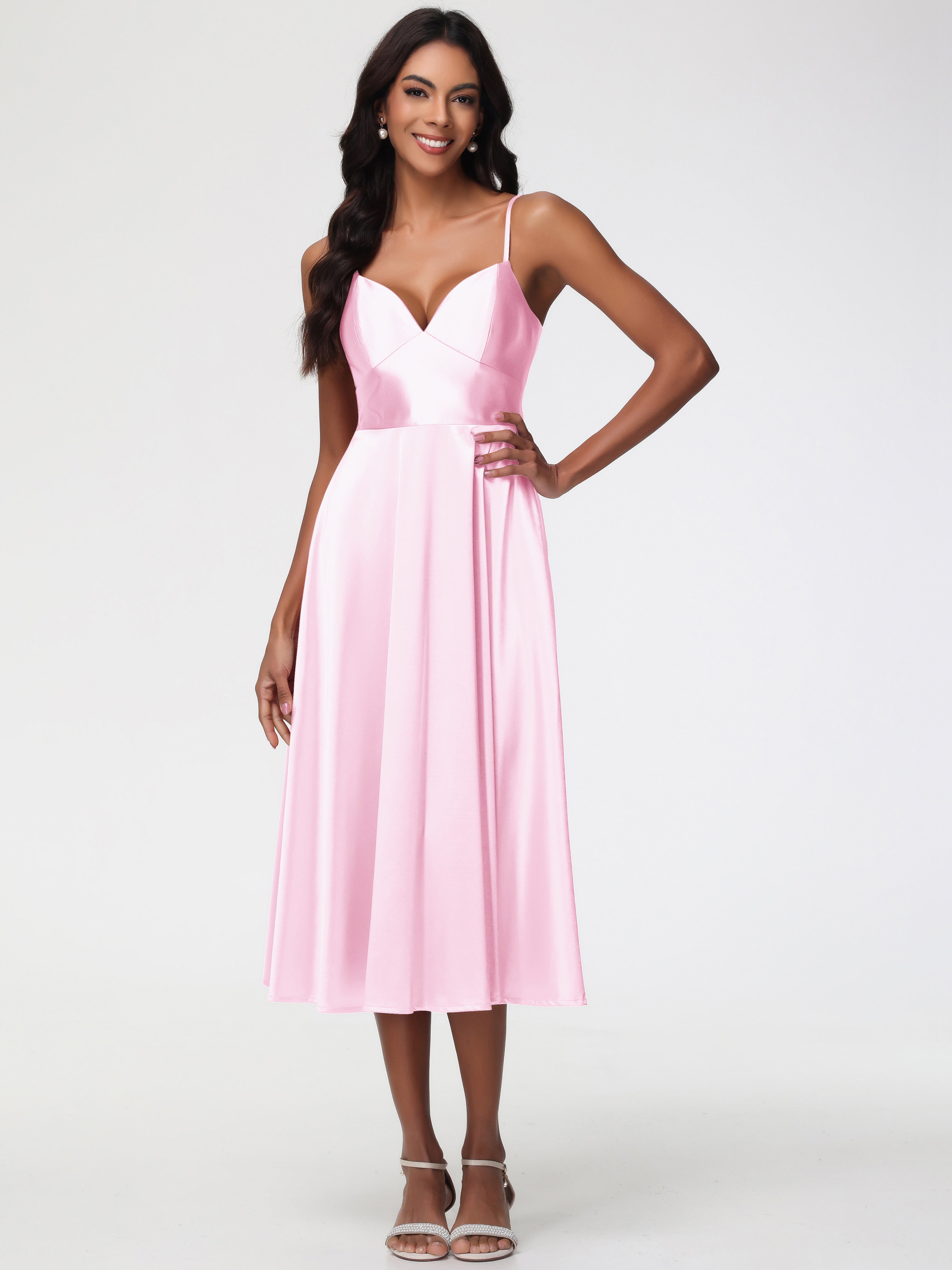 Blushing Pink Bridesmaid Dress Stretch Satin Simple A Line Spaghetti Straps Tea Length Bridesmaid Dress Blushing Pink Bridesmaid Dress Stretch Satin Simple A Line Spaghetti Straps Tea Length Bridesmaid Dress