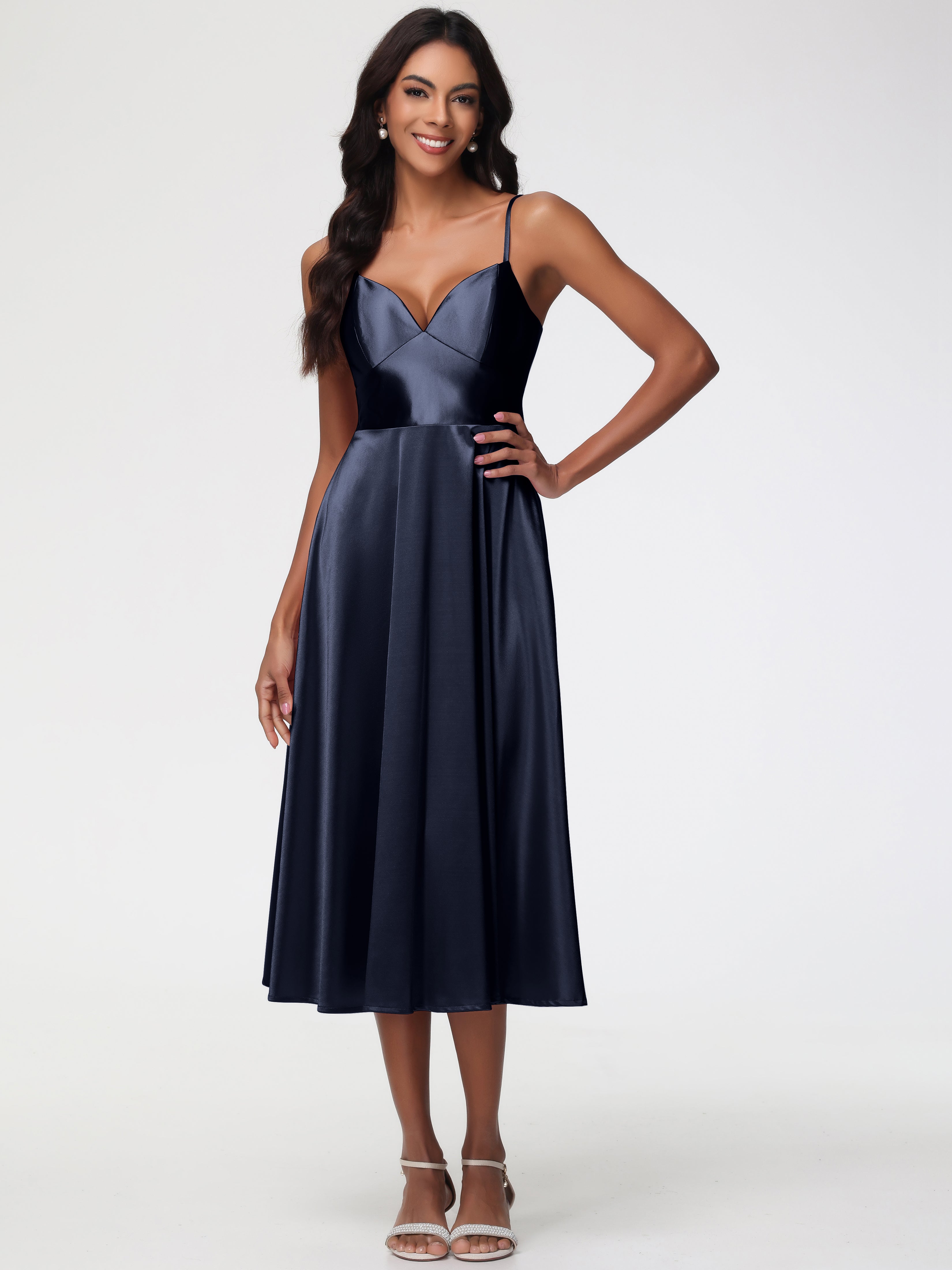 Dark Navy Bridesmaid Dress Stretch Satin Simple A Line Spaghetti Straps Tea Length Bridesmaid Dress Dark Navy Bridesmaid Dress Stretch Satin Simple A Line Spaghetti Straps Tea Length Bridesmaid Dress