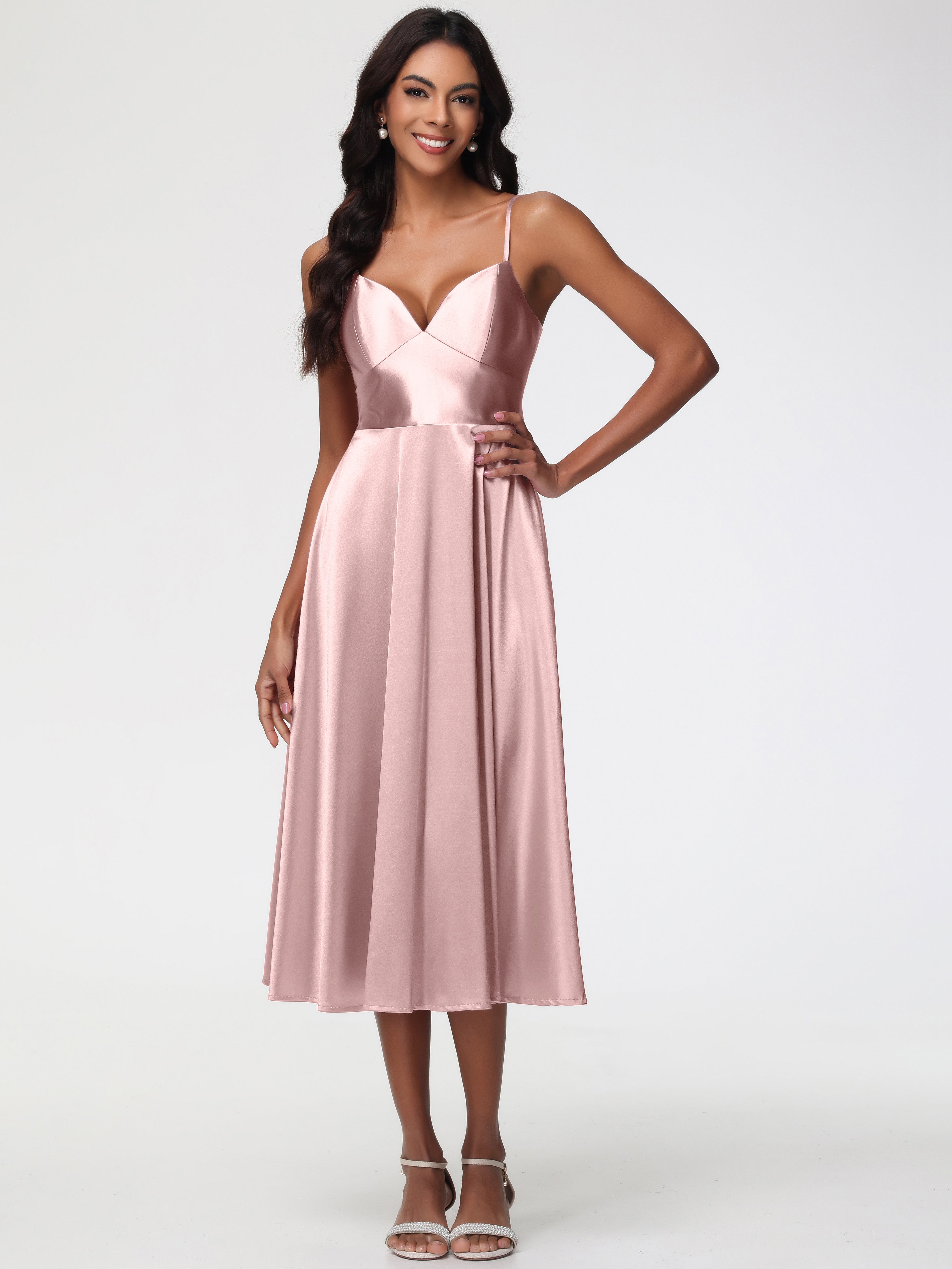 Dusty Rose Prom Dress Stretch Satin Simple A Line Spaghetti Straps Tea Length Prom Dress Dusty Rose Prom Dress Stretch Satin Simple A Line Spaghetti Straps Tea Length Prom Dress