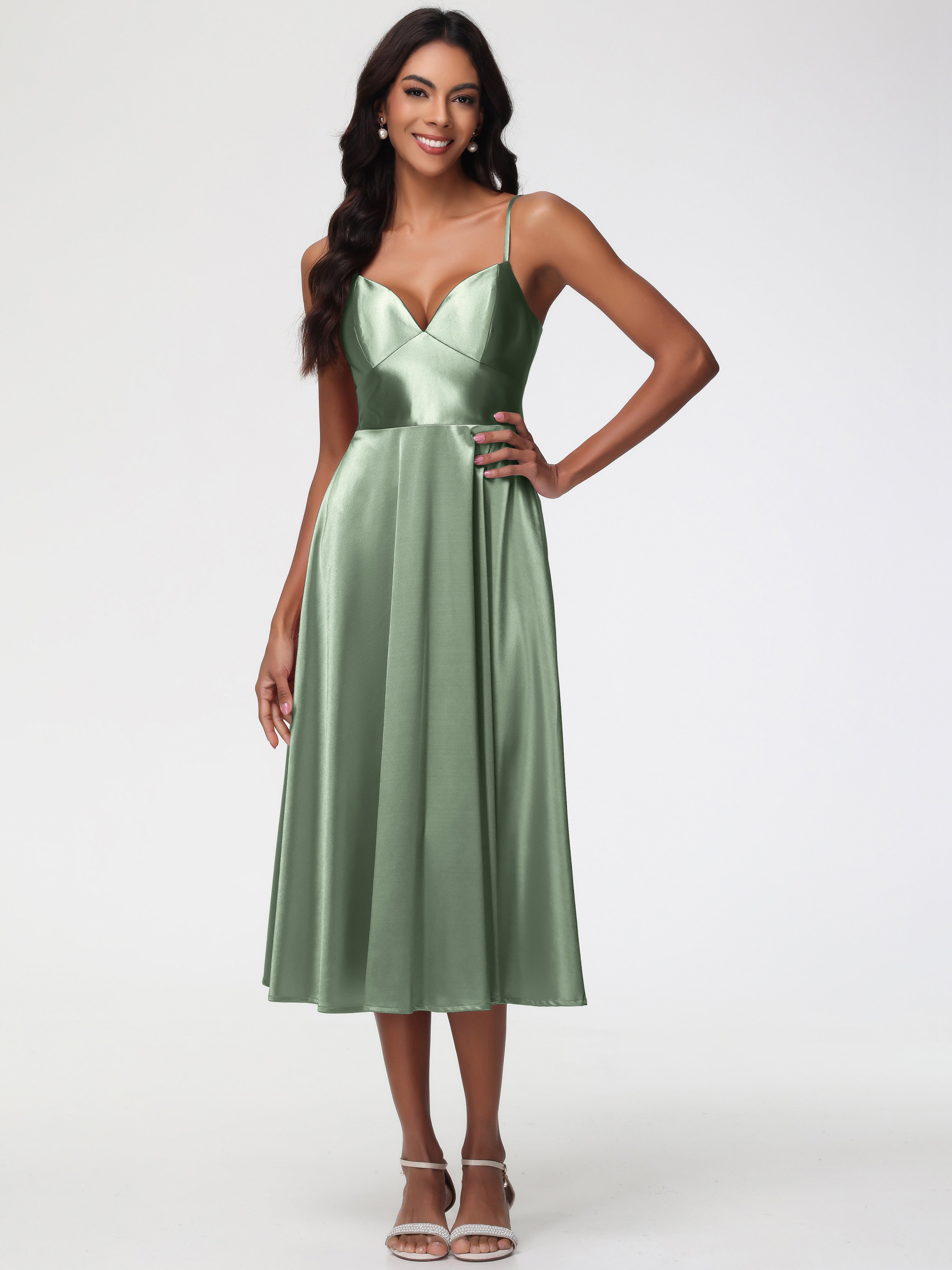 sage bridesmaid dresses midi ZAPAKA Women Dusty Sage Bridesmaid Dress A-Line Spaghetti Straps Pleated Chiffon Long Wedding Guest Dress, Dusty Sage / US20W