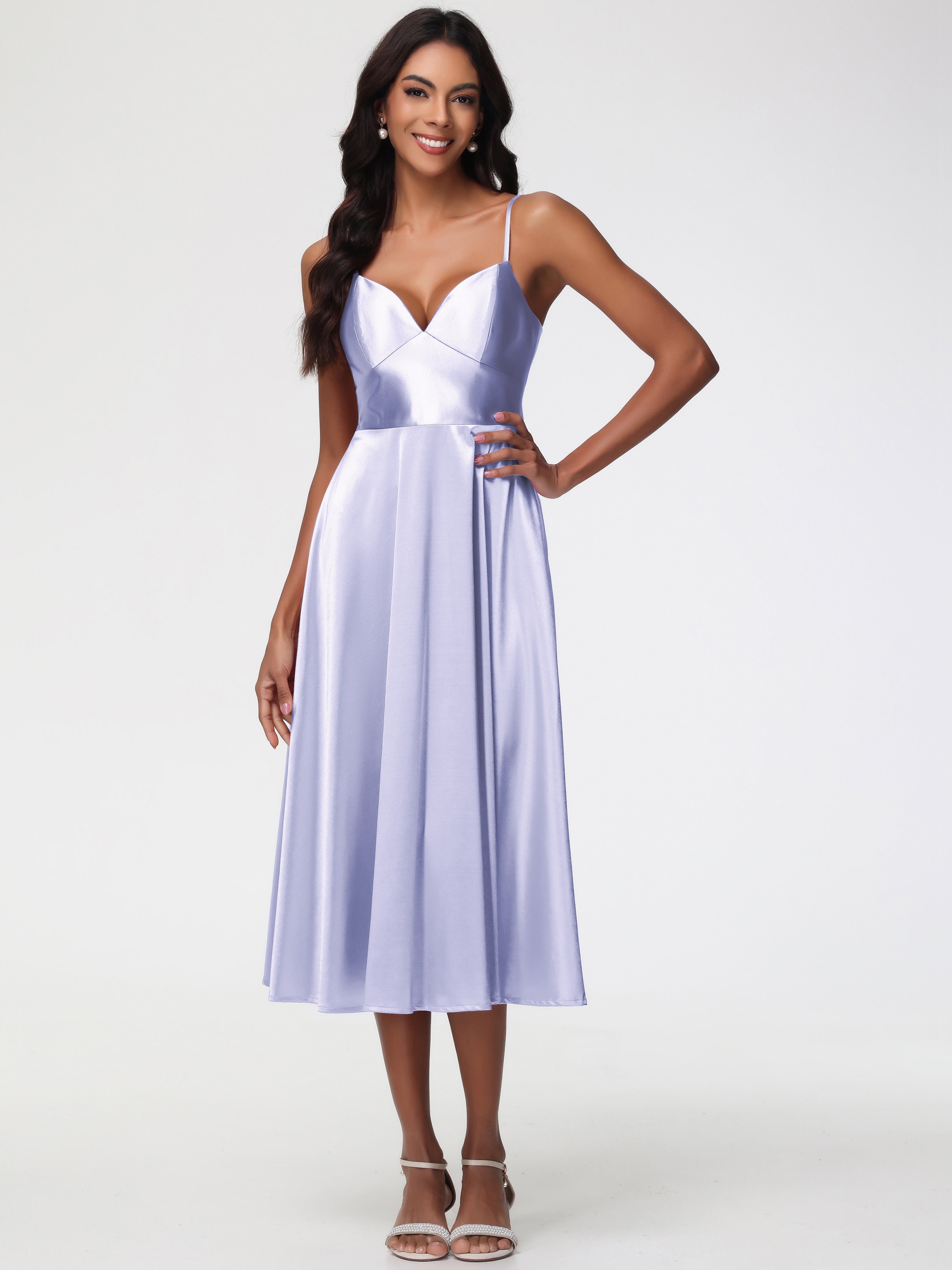 Lavender Prom Dresses Stretch Satin Simple A Line Spaghetti Straps Tea Lavender Prom Dresses Stretch Satin Simple A Line Spaghetti Straps Tea