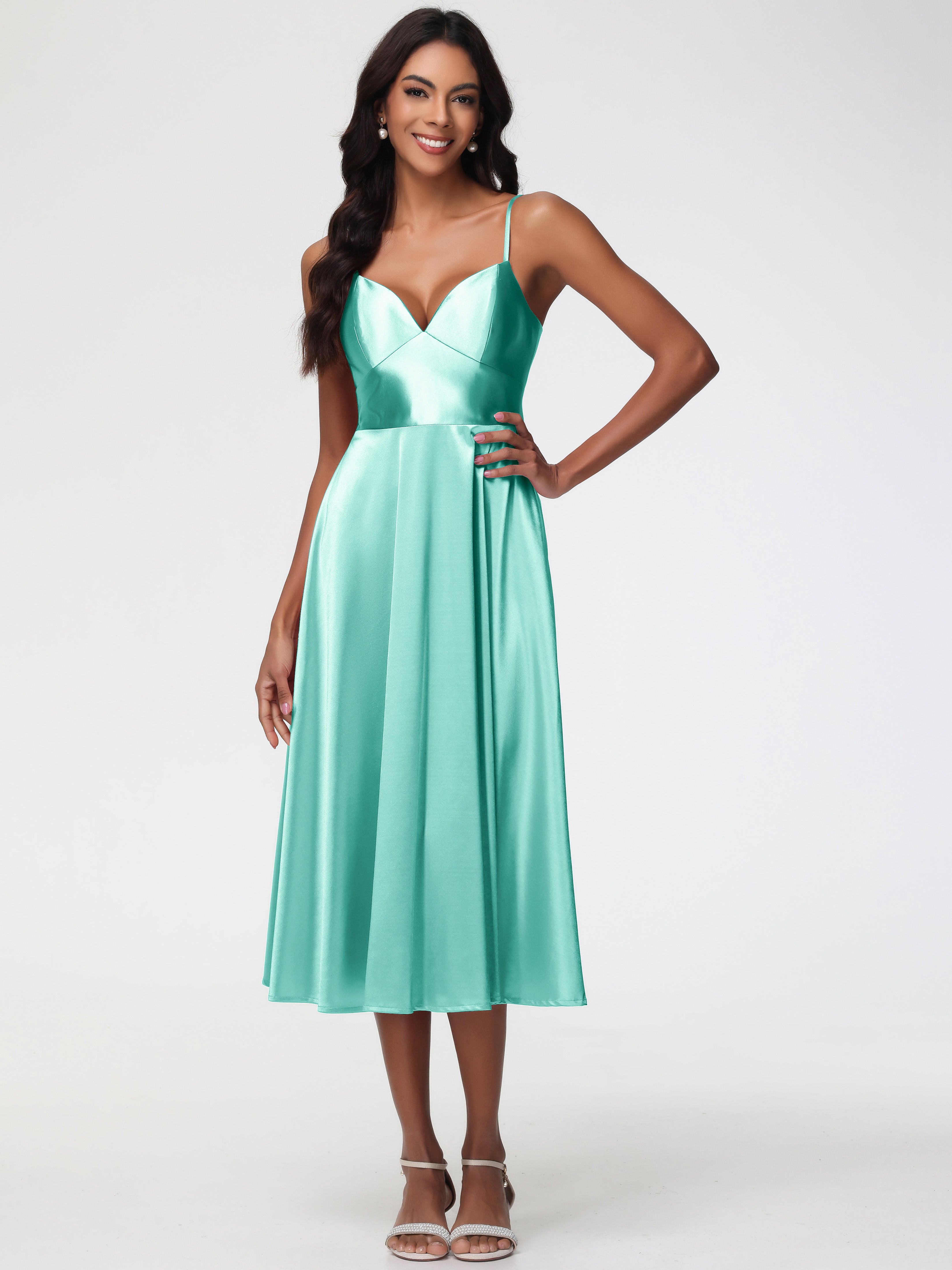 Girls Mint Green Prom Dress Stretch Satin Simple A Line Spaghetti Stra Girls Mint Green Prom Dress Stretch Satin Simple A Line Spaghetti Stra