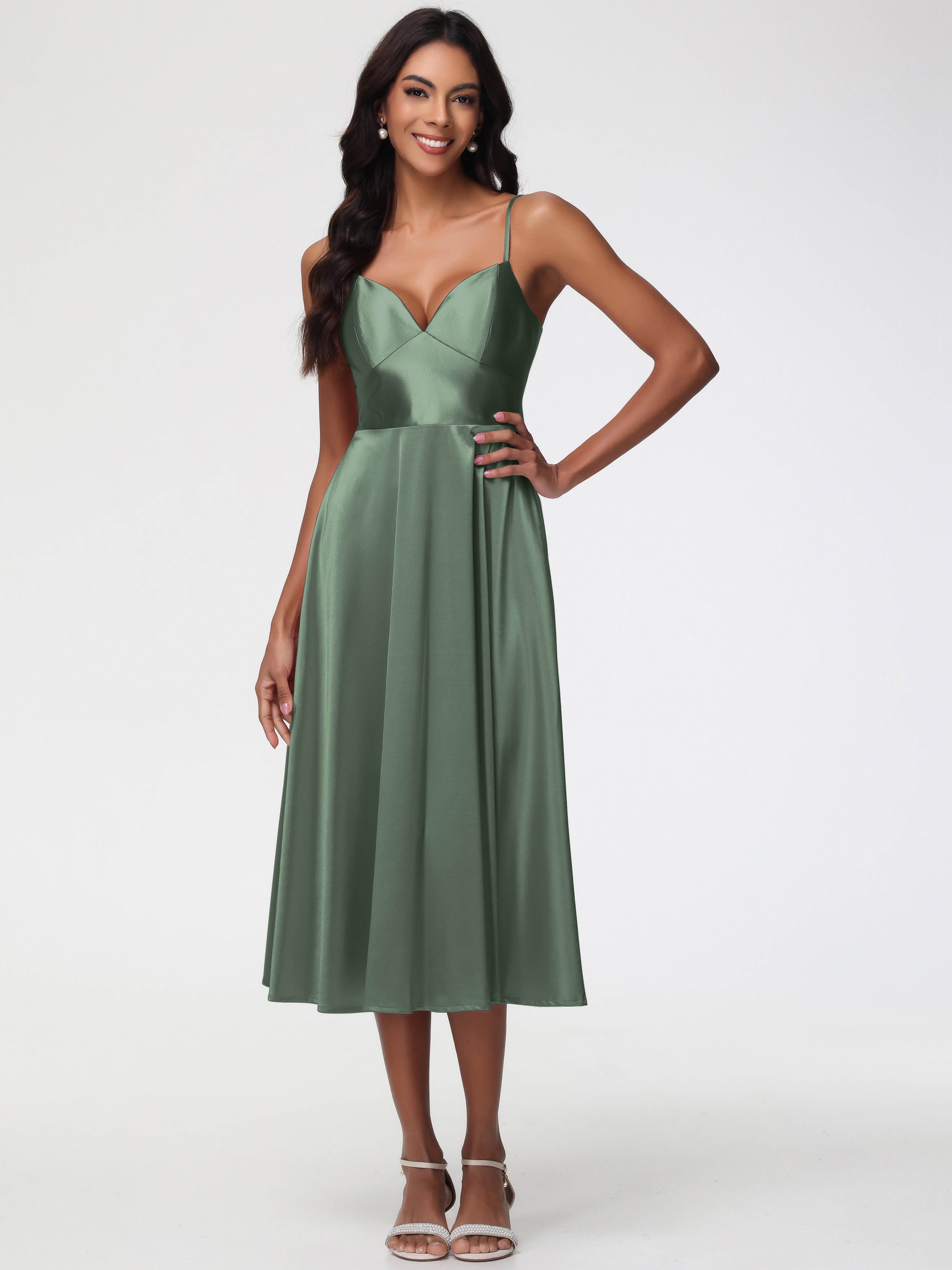 Olive Green Short Bridesmaid Dresses Stretch Satin Simple A Line Spaghetti Straps Tea Length Bridesmaid Dress Olive Green Short Bridesmaid Dresses Stretch Satin Simple A Line Spaghetti Straps Tea Length Bridesmaid Dress
