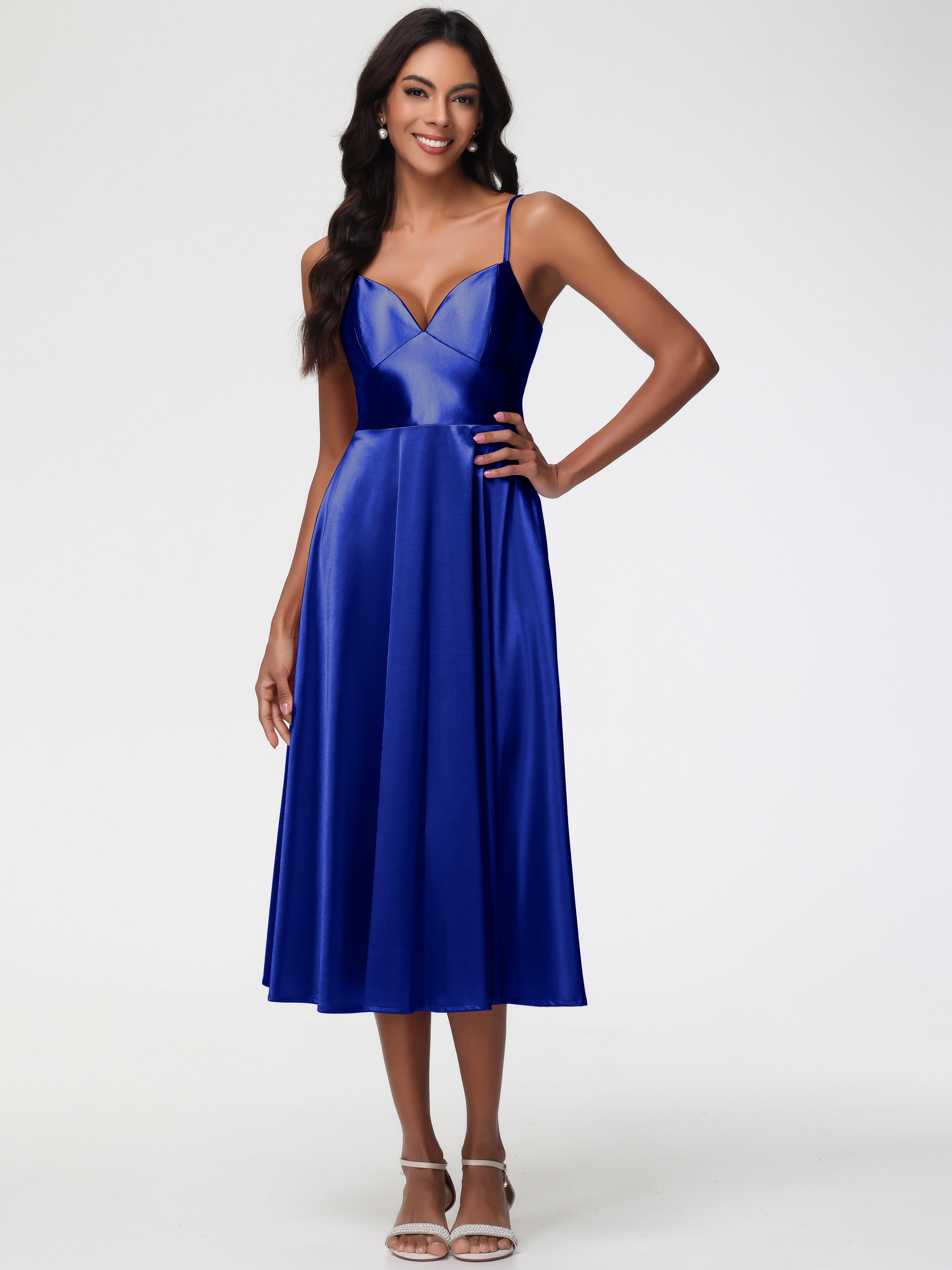 Royal Blue Bridesmaids Dress Stretch Satin Simple A Line Spaghetti Straps Tea Length Bridesmaid Dress Royal Blue Bridesmaids Dress Stretch Satin Simple A Line Spaghetti Straps Tea Length Bridesmaid Dress
