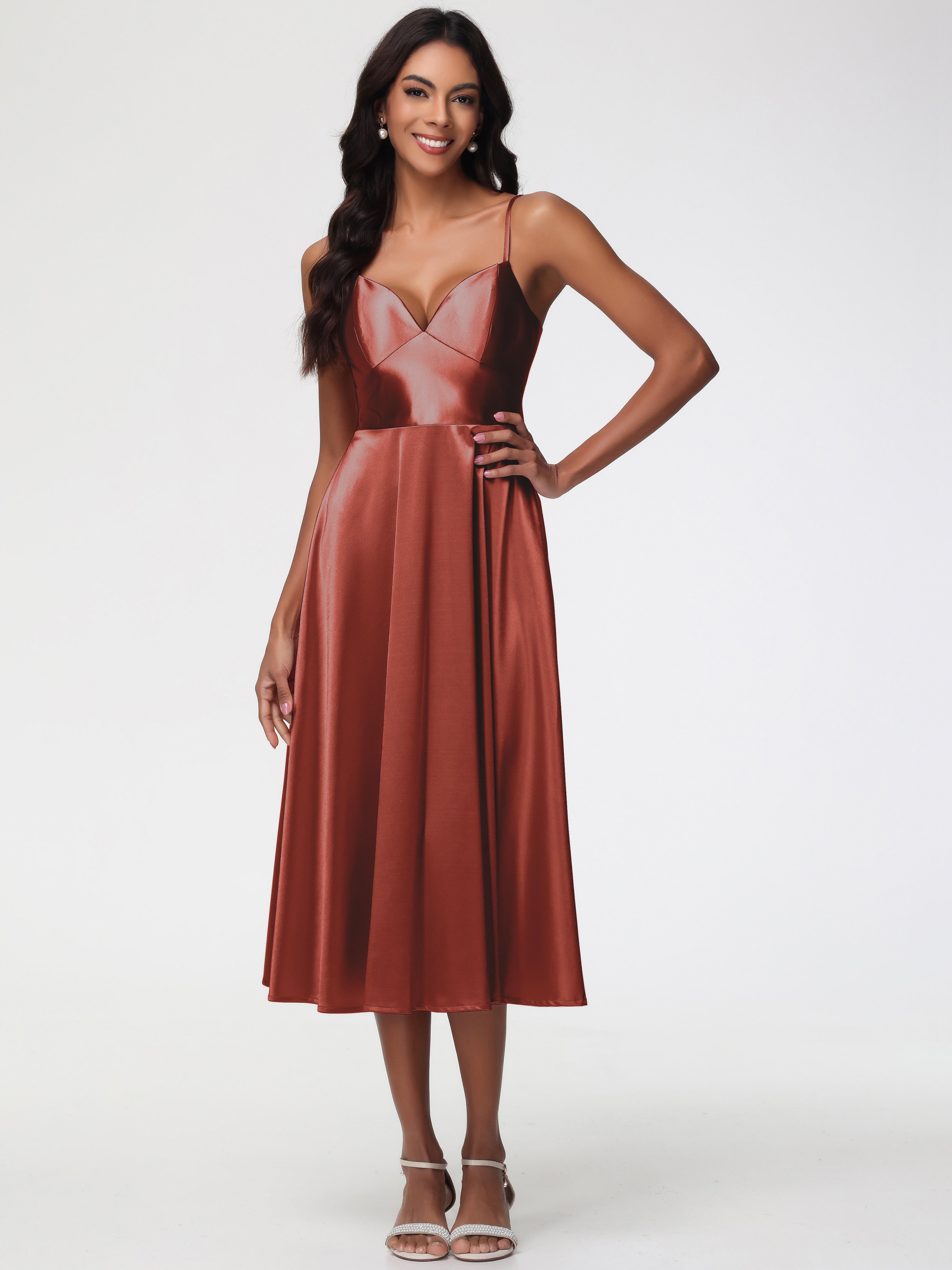 Rust Coloured Bridesmaid Dress Stretch Satin Simple A Line Spaghetti Straps Tea Length Bridesmaid Dress Rust Coloured Bridesmaid Dress Stretch Satin Simple A Line Spaghetti Straps Tea Length Bridesmaid Dress