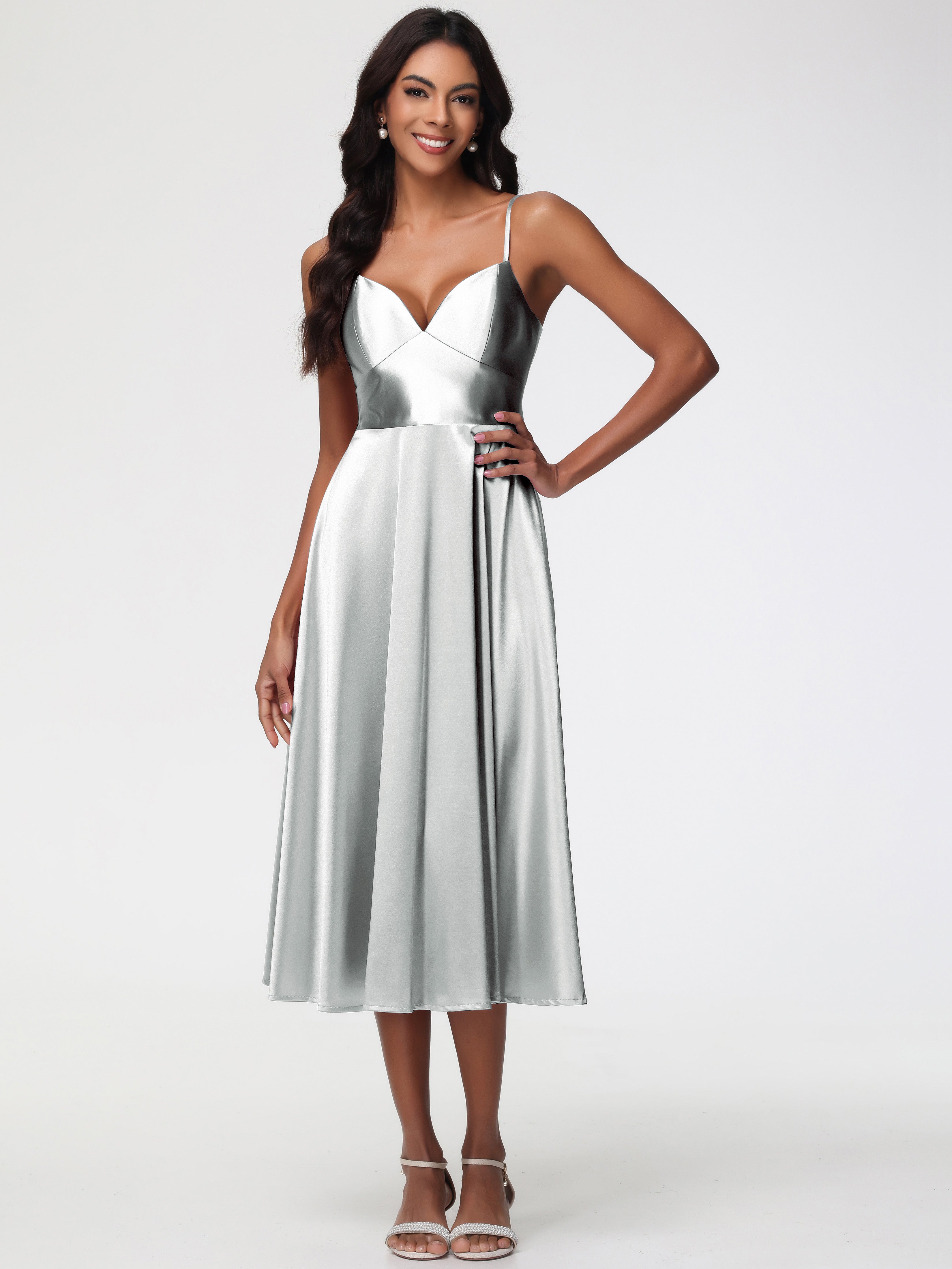 Silver Bridesmaid Shoes Stretch Satin Simple A Line Spaghetti Straps Tea Length Bridesmaid Dress Silver Bridesmaid Shoes Stretch Satin Simple A Line Spaghetti Straps Tea Length Bridesmaid Dress