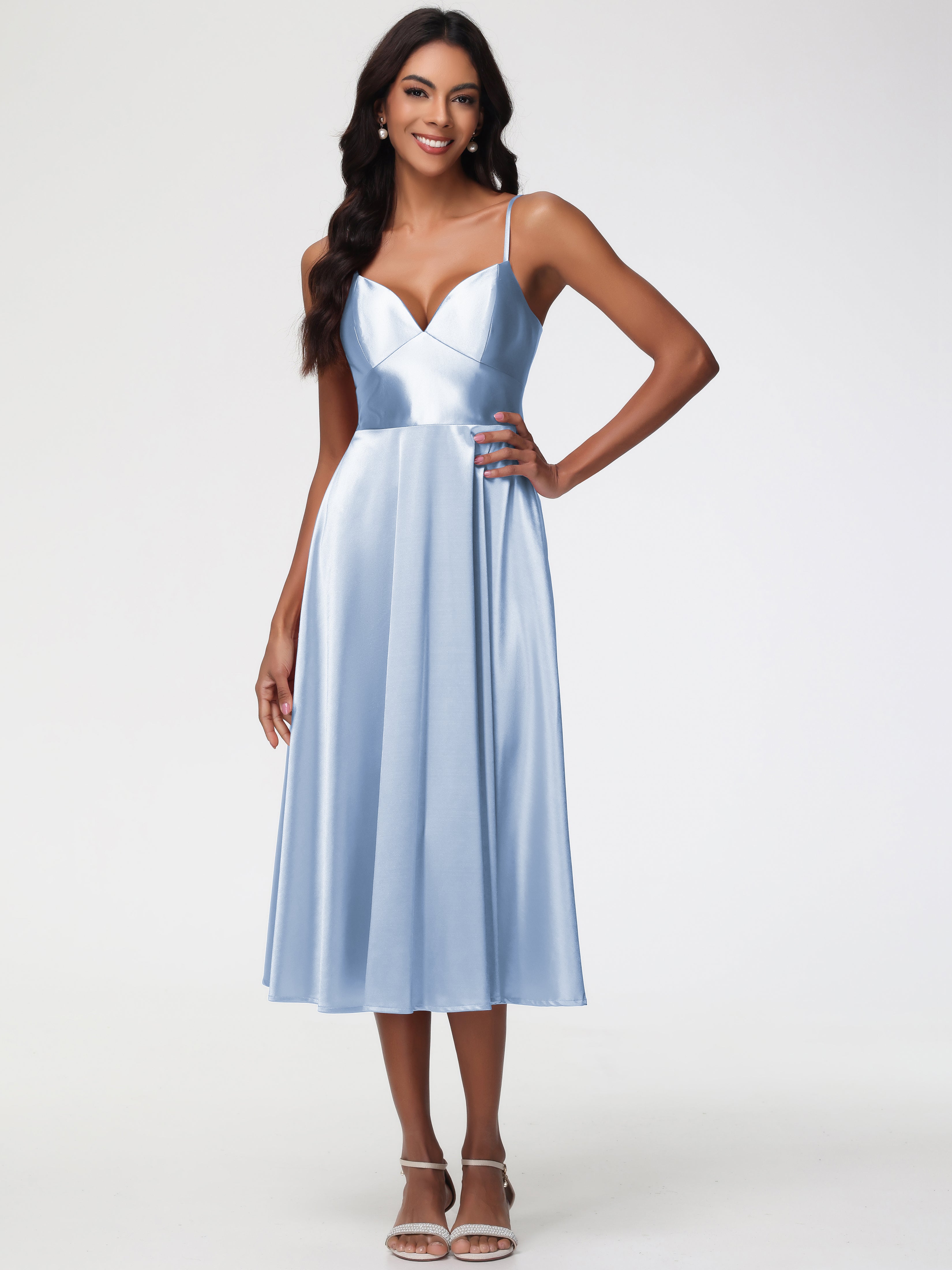 Prom Dresses Sky Blue Stretch Satin Simple A Line Spaghetti Straps Tea Length Prom Dress Prom Dresses Sky Blue Stretch Satin Simple A Line Spaghetti Straps Tea Length Prom Dress