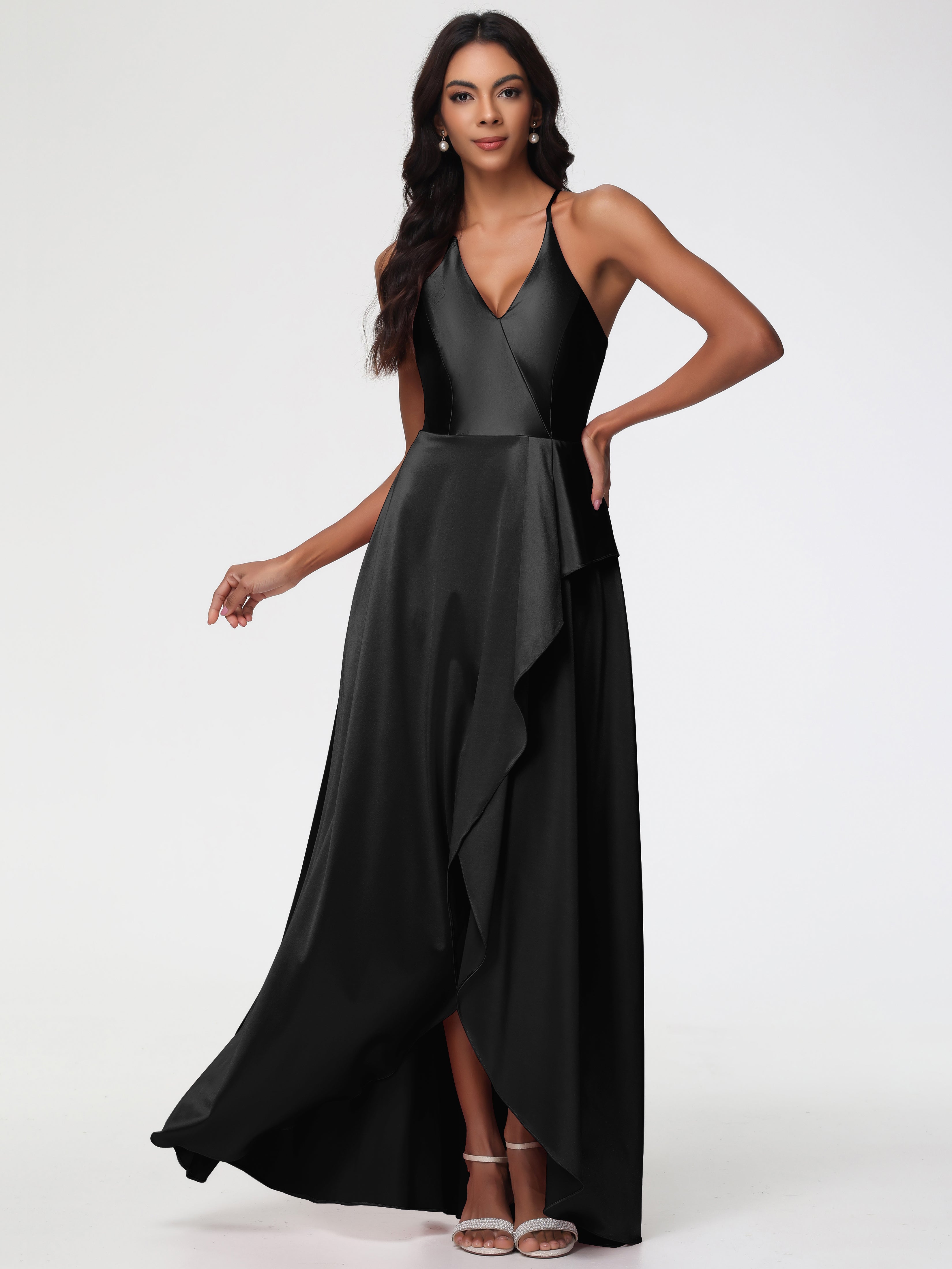 Bridesmaid Dresses In Black Asymmetrical V-Neck Spaghetti Straps Floor Length Stretch Satin Bridesmaid Dress Bridesmaid Dresses In Black Asymmetrical V-Neck Spaghetti Straps Floor Length Stretch Satin Bridesmaid Dress