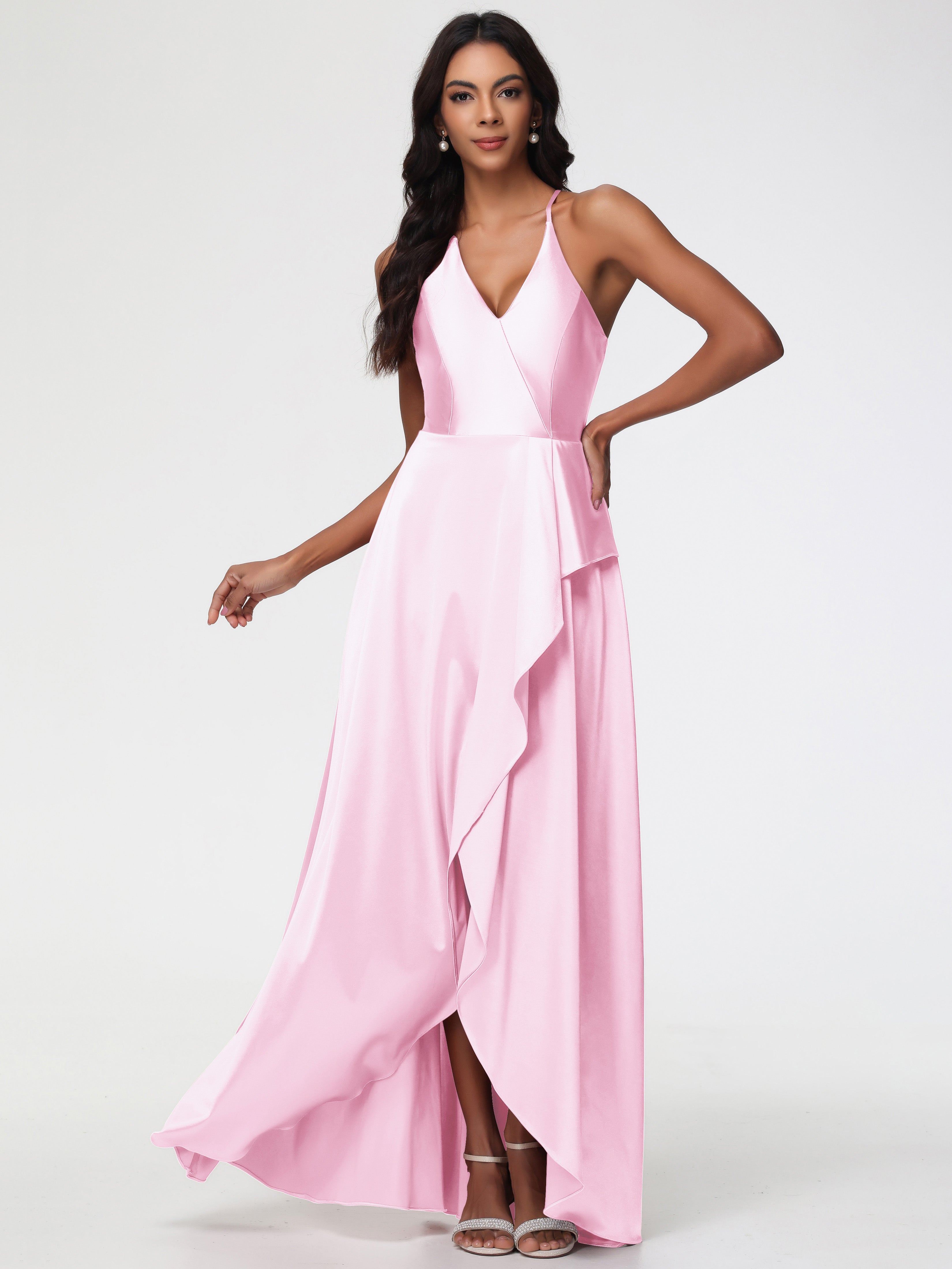Prom Dresses Blush Pink Asymmetrical V-Neck Spaghetti Straps Floor Length Stretch Satin Prom Dress