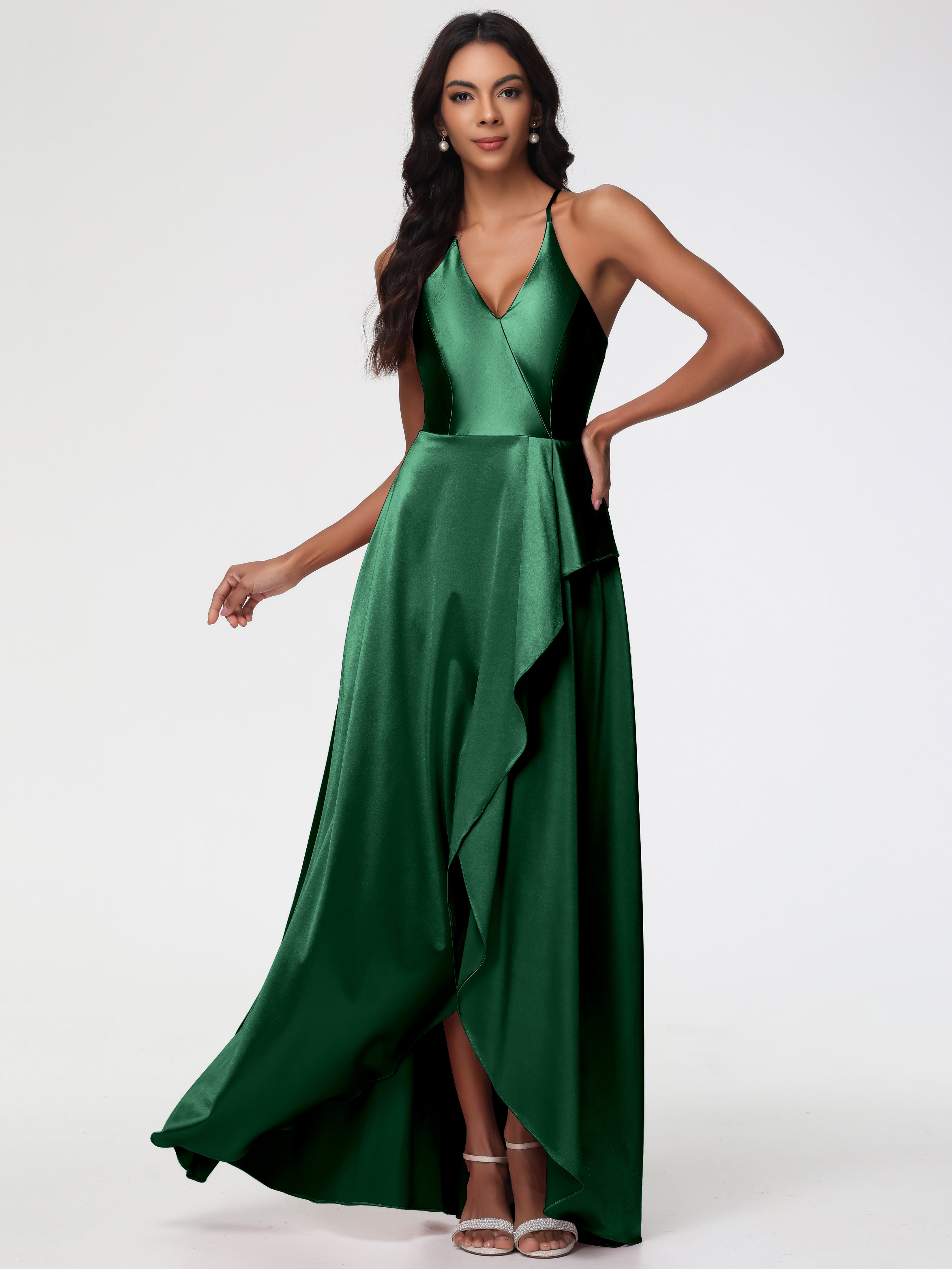 Dark Green Prom Dress Asymmetrical V-Neck Spaghetti Straps Floor Length Stretch Satin Prom Dress Dark Green Prom Dress Asymmetrical V-Neck Spaghetti Straps Floor Length Stretch Satin Prom Dress