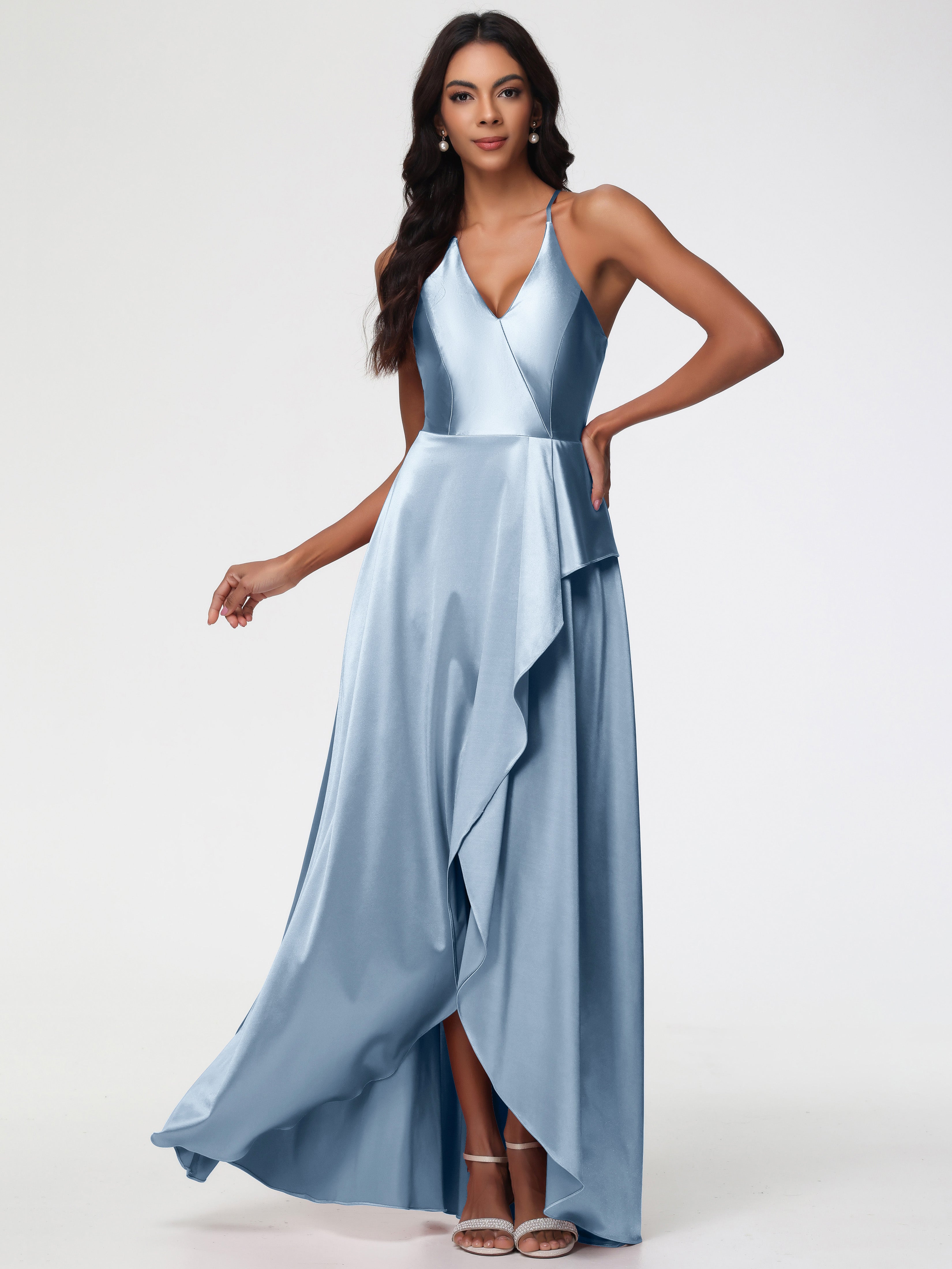 Dusty Blue Bridesmaids Dress Asymmetrical V-Neck Spaghetti Straps Floo Dusty Blue Bridesmaids Dress Asymmetrical V-Neck Spaghetti Straps Floo