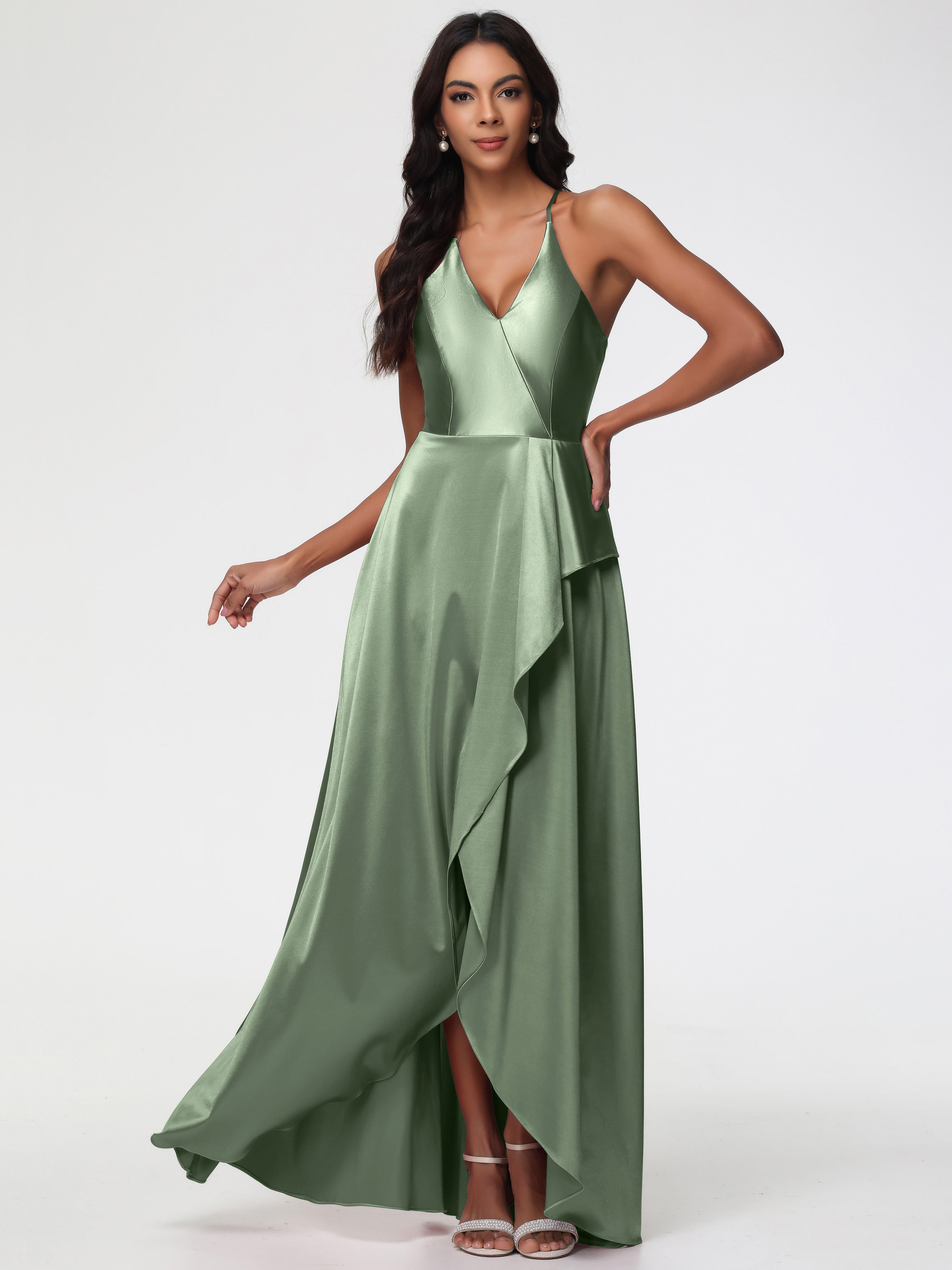 Dusty Sage Satin Bridesmaid Dresses Asymmetrical V-Neck Spaghetti Straps Floor Length Stretch Satin Bridesmaid Dress Dusty Sage Satin Bridesmaid Dresses Asymmetrical V-Neck Spaghetti Straps Floor Length Stretch Satin Bridesmaid Dress