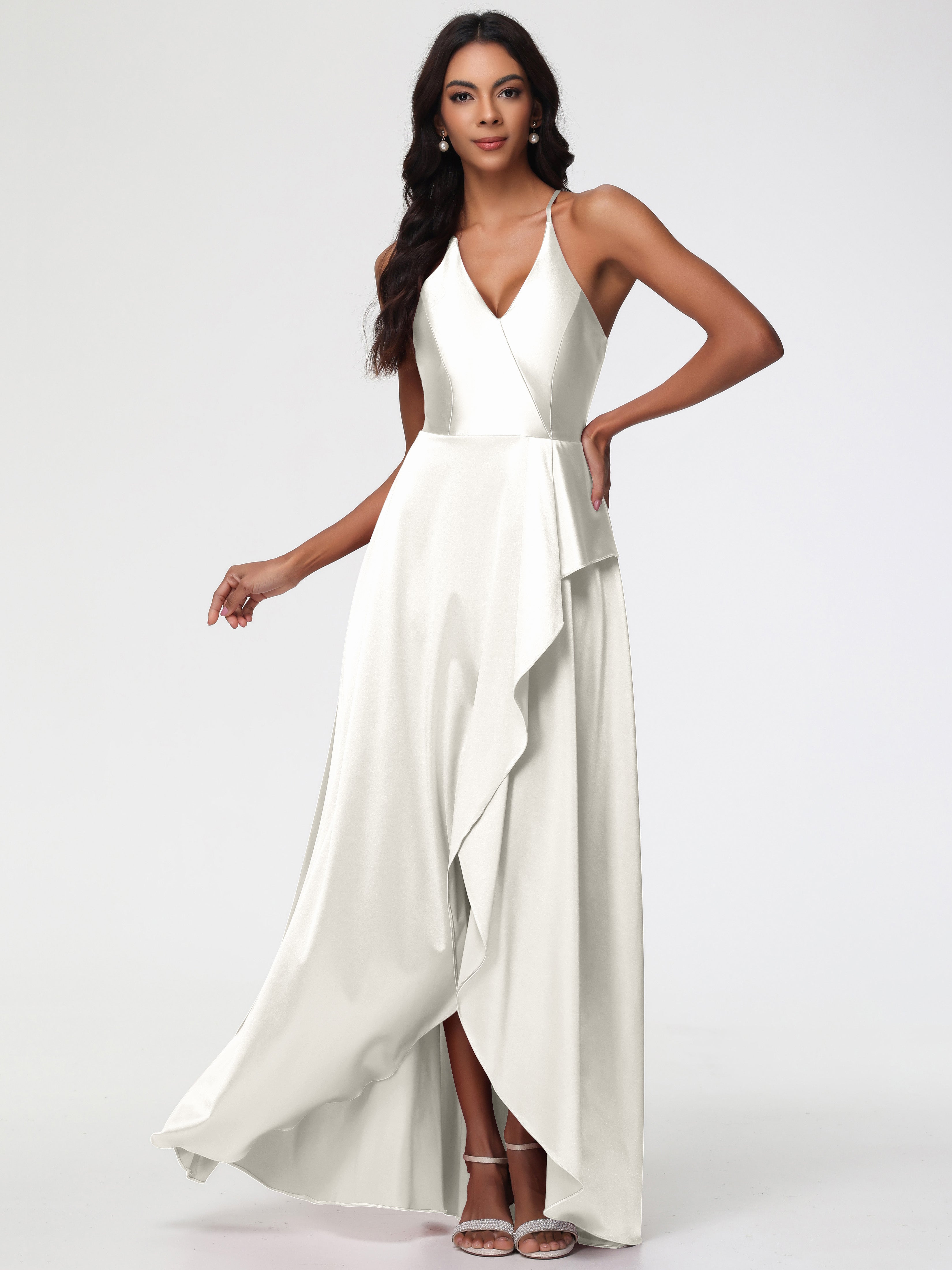 Ivory Young Bridesmaid Dress Asymmetrical V-Neck Spaghetti Straps Floo Ivory Young Bridesmaid Dress Asymmetrical V-Neck Spaghetti Straps Floo