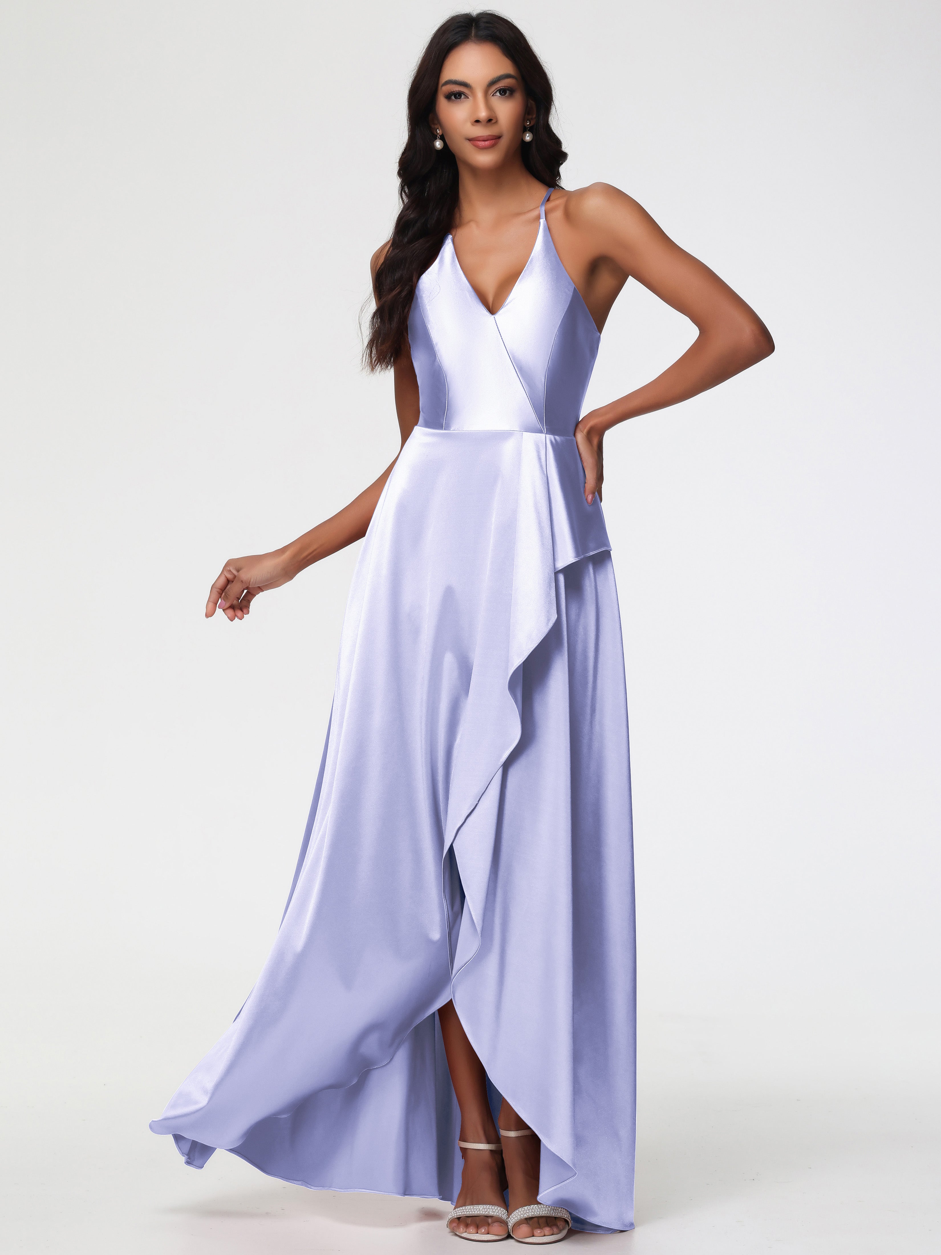 Lavender Bridesmaid Dress Asymmetrical V-Neck Spaghetti Straps Floor Length Stretch Satin Bridesmaid Dress