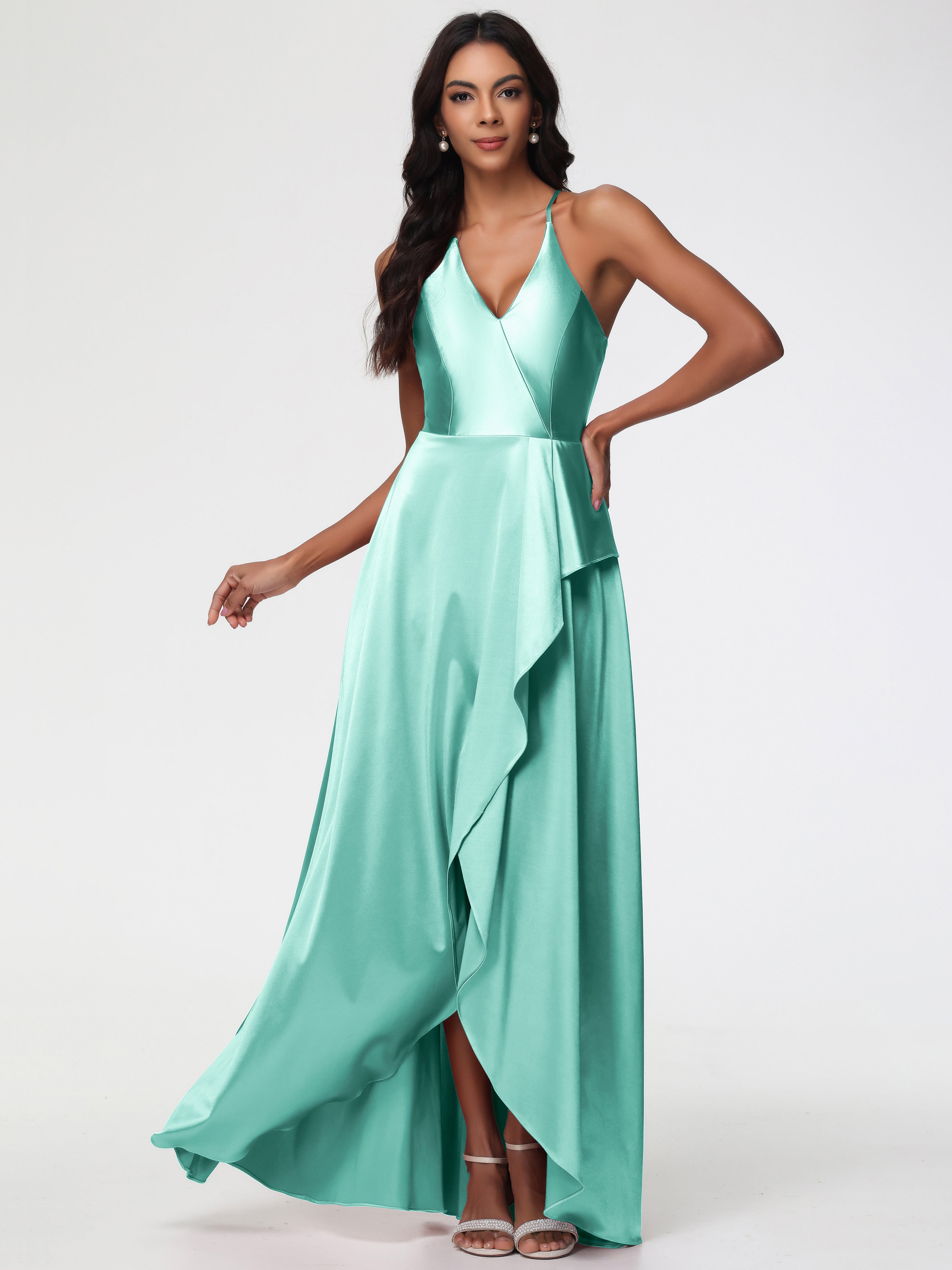 Prom Dress Mint Green Asymmetrical V-Neck Spaghetti Straps Floor Length Stretch Satin Prom Dress Prom Dress Mint Green Asymmetrical V-Neck Spaghetti Straps Floor Length Stretch Satin Prom Dress
