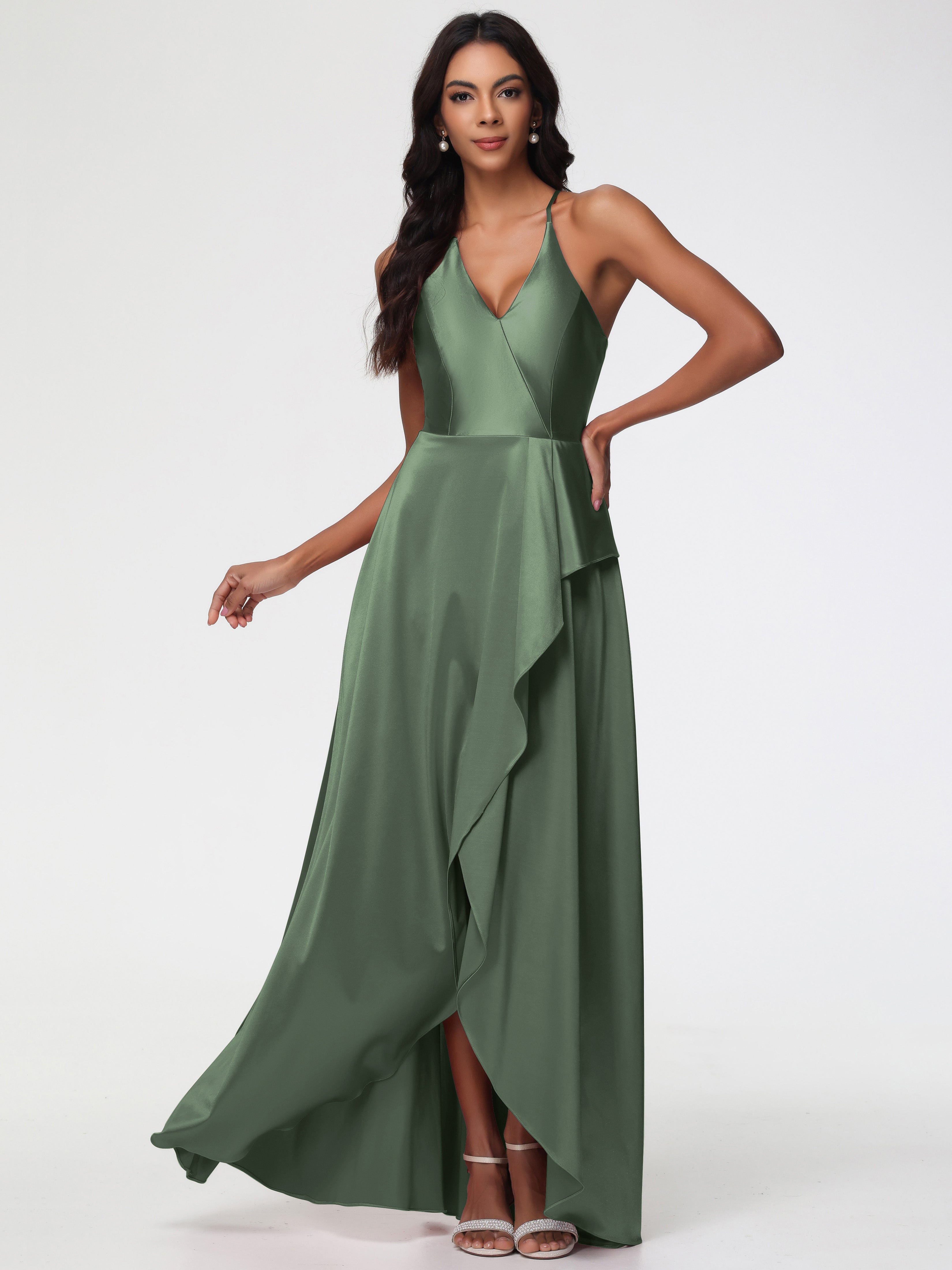 Olive Green Color Bridesmaid Dresses Asymmetrical V-Neck Spaghetti Straps Floor Length Stretch Satin Bridesmaid Dress Olive Green Color Bridesmaid Dresses Asymmetrical V-Neck Spaghetti Straps Floor Length Stretch Satin Bridesmaid Dress