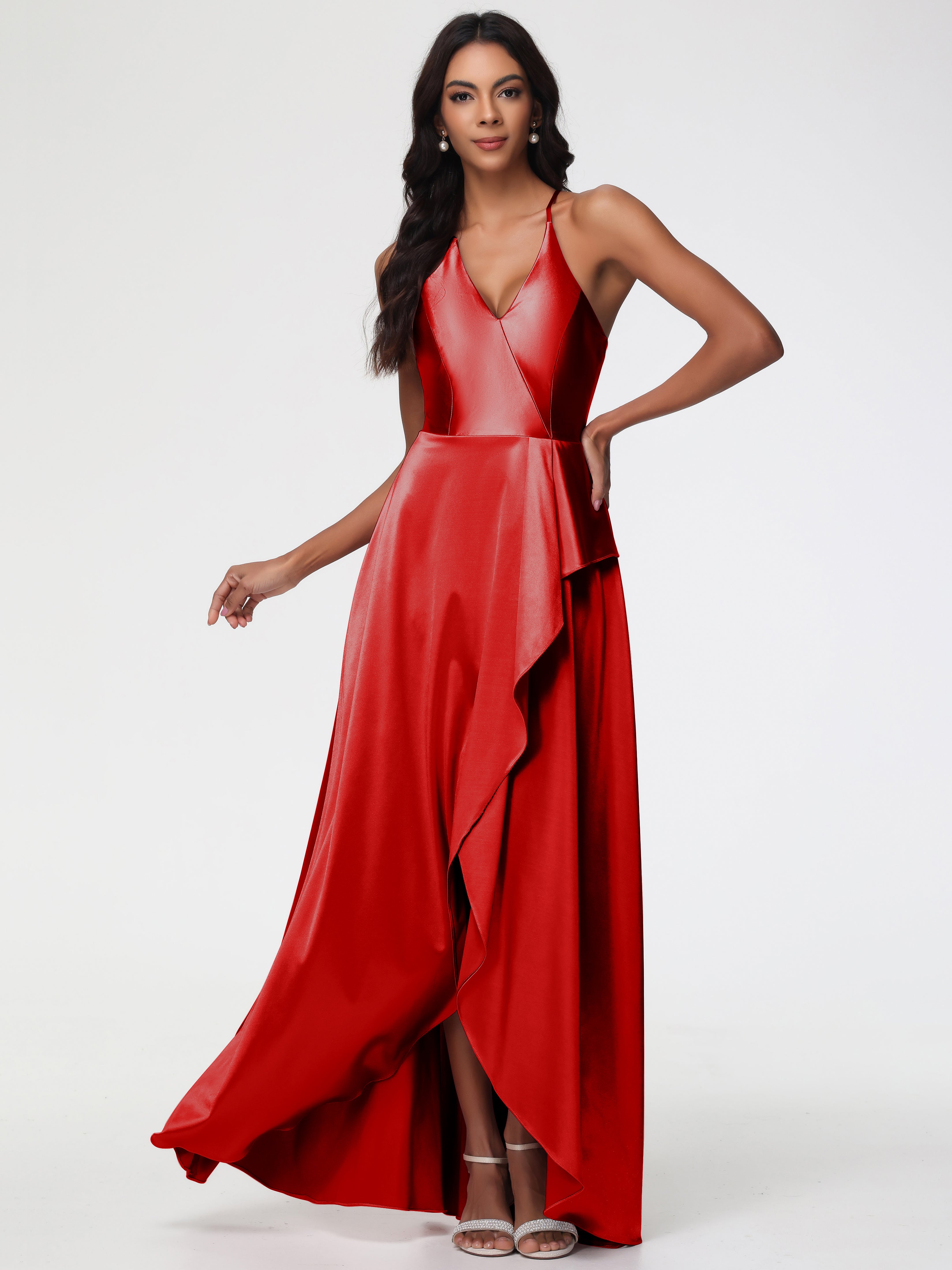 Red Wine Prom Dress Asymmetrical V-Neck Spaghetti Straps Floor Length Stretch Satin Prom Dress Red Wine Prom Dress Asymmetrical V-Neck Spaghetti Straps Floor Length Stretch Satin Prom Dress