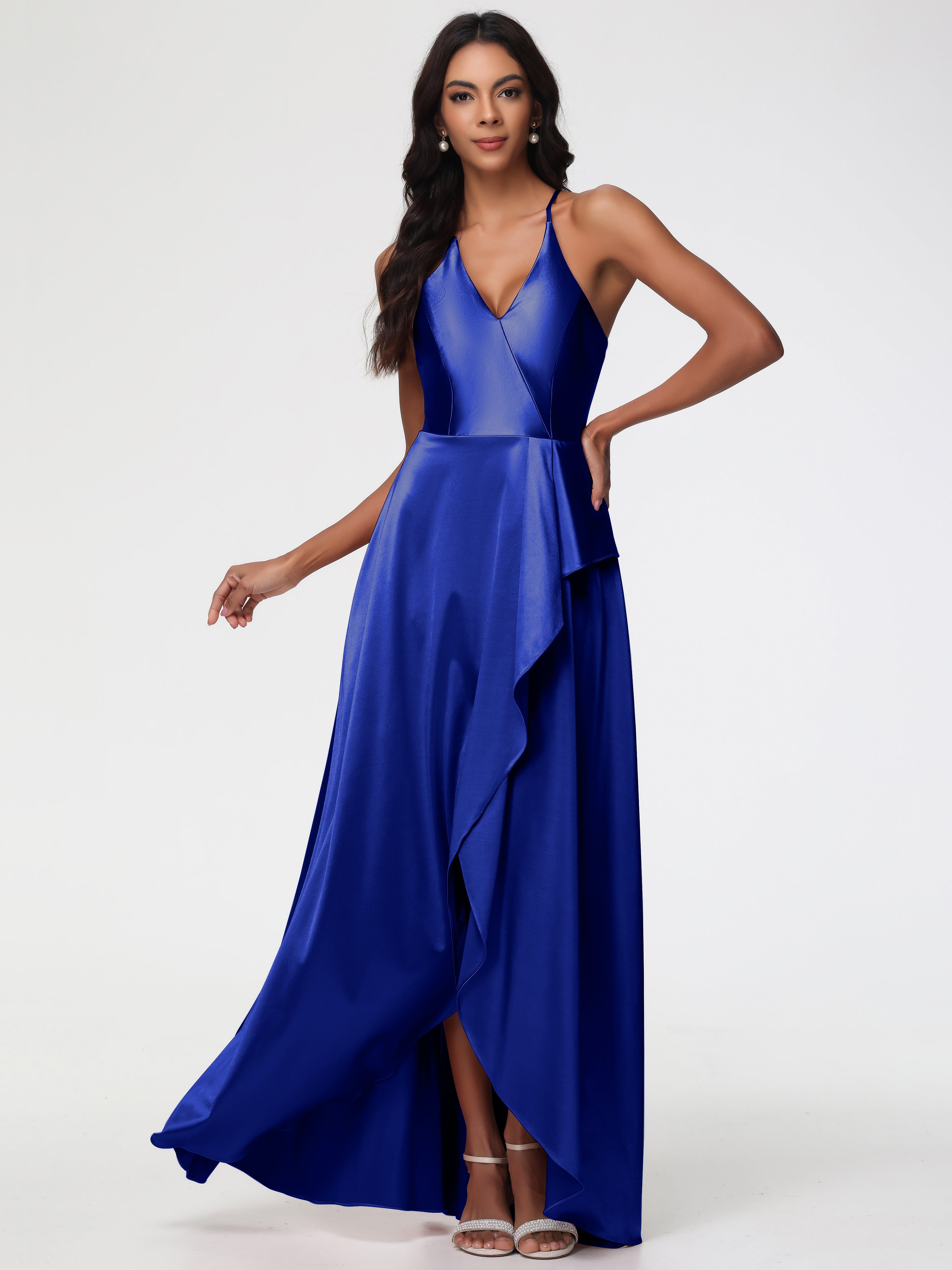 Royal Blue Satin Bridesmaid Dresses Asymmetrical V-Neck Spaghetti Straps Floor Length Stretch Satin Bridesmaid Dress Royal Blue Satin Bridesmaid Dresses Asymmetrical V-Neck Spaghetti Straps Floor Length Stretch Satin Bridesmaid Dress