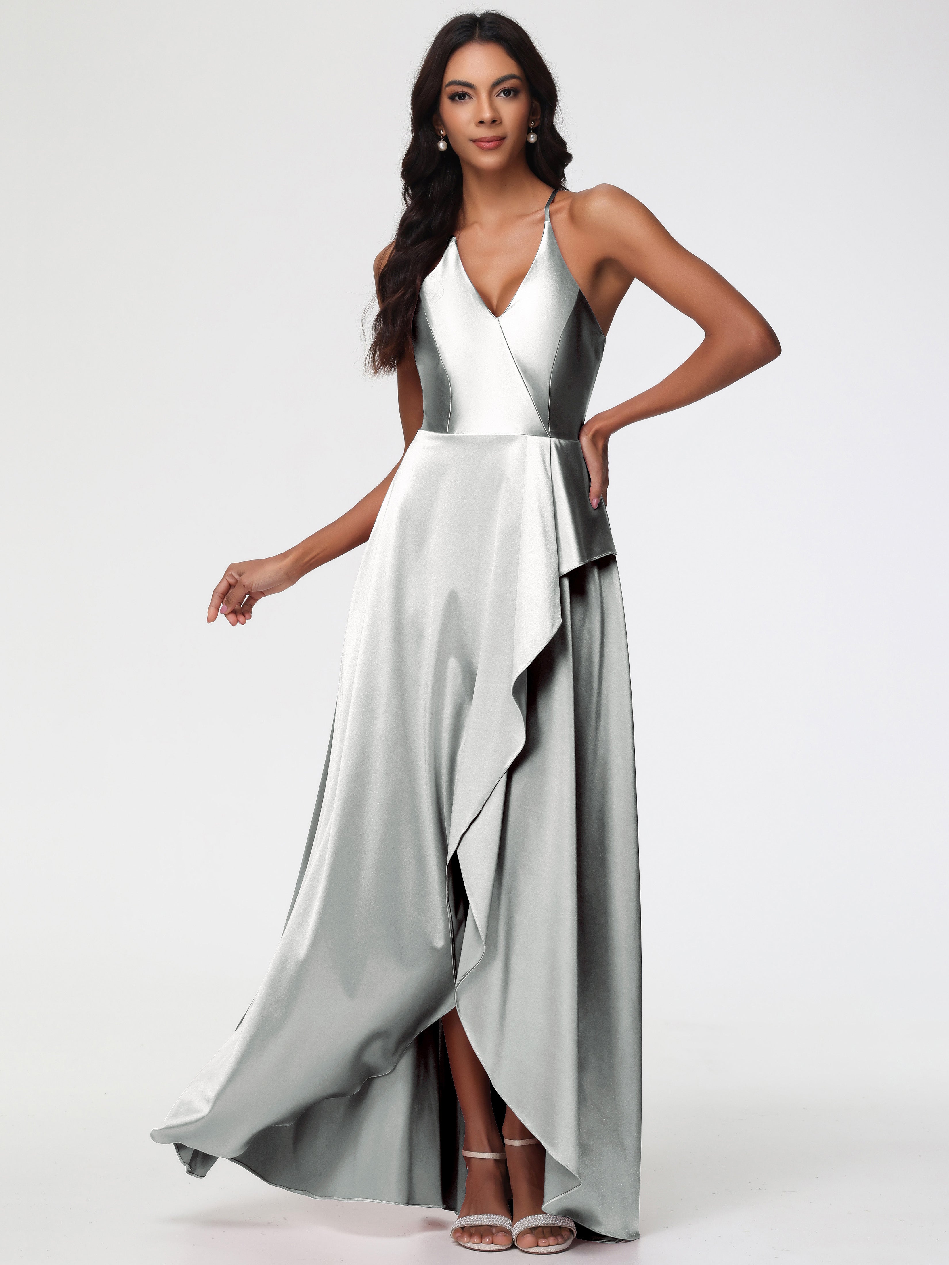 Silver Satin Prom Dresses Asymmetrical V-Neck Spaghetti Straps Floor Length Stretch Satin Prom Dress Silver Satin Prom Dresses Asymmetrical V-Neck Spaghetti Straps Floor Length Stretch Satin Prom Dress