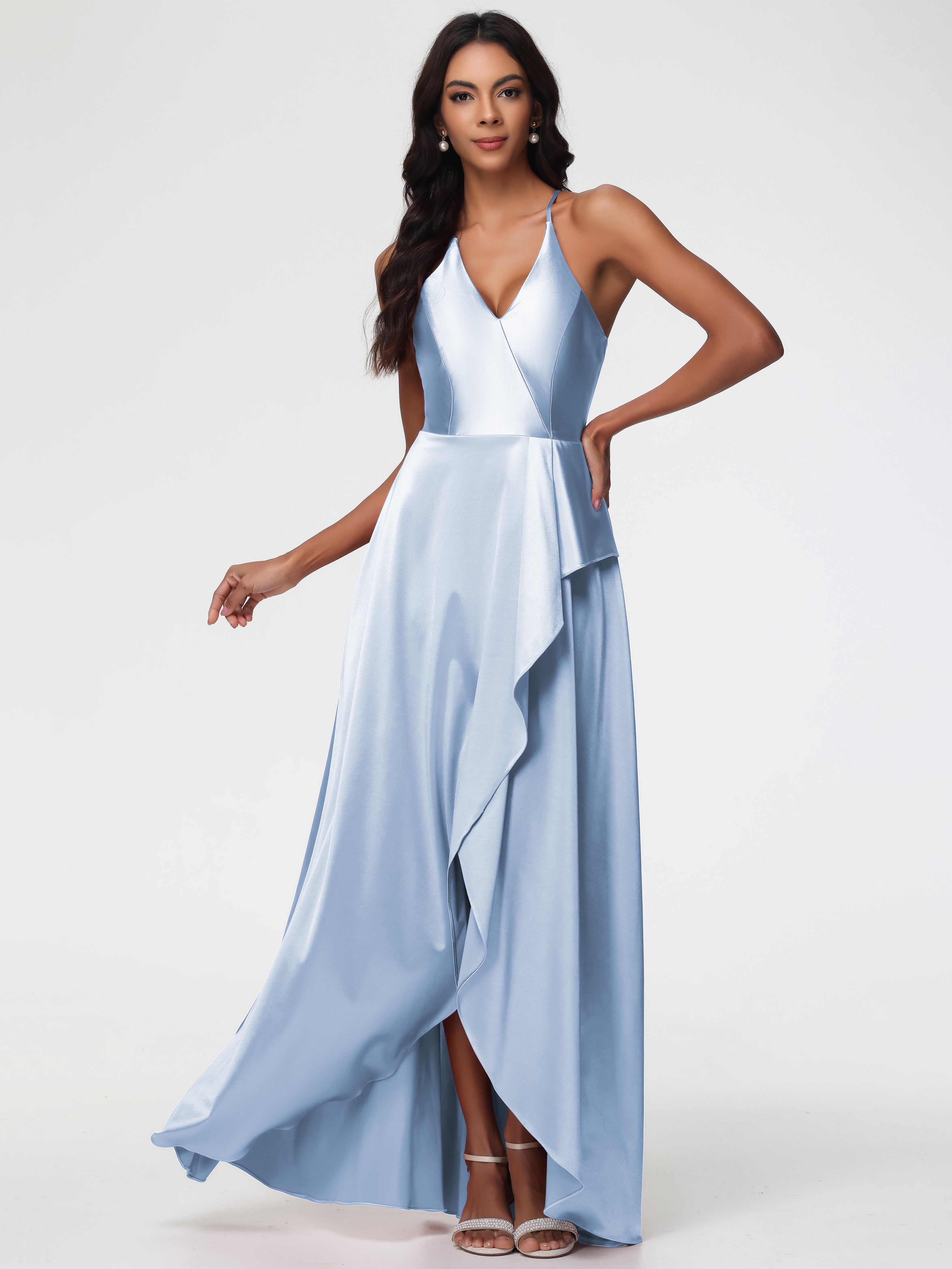 Sky Blue Prom Dresses Asymmetrical V-Neck Spaghetti Straps Floor Length Stretch Satin Prom Dress Sky Blue Prom Dresses Asymmetrical V-Neck Spaghetti Straps Floor Length Stretch Satin Prom Dress