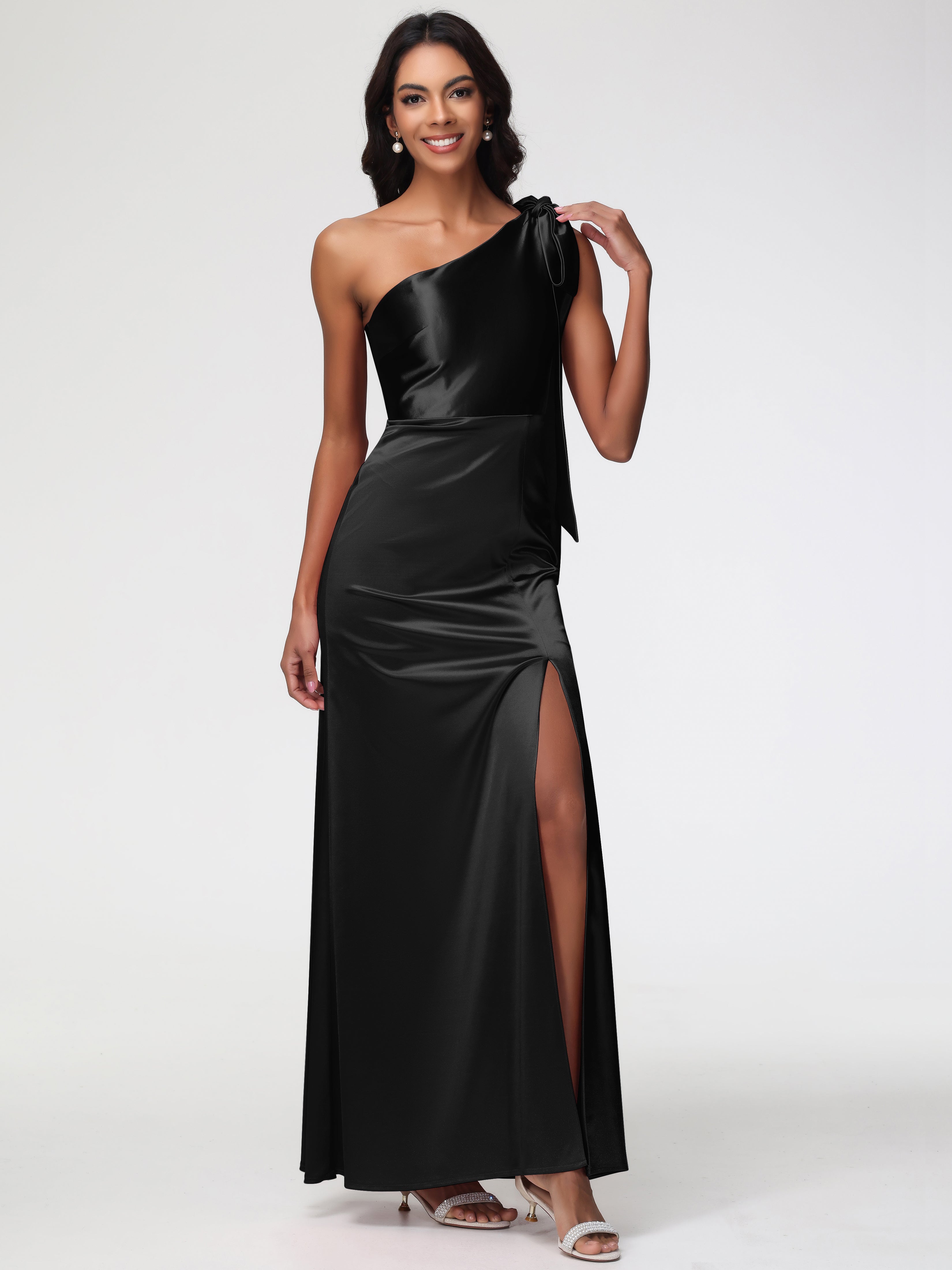 Black Formal Dresses Elegant One Shoulder Stretch Satin Sleeveless  Sheath/Column Formal Dresses