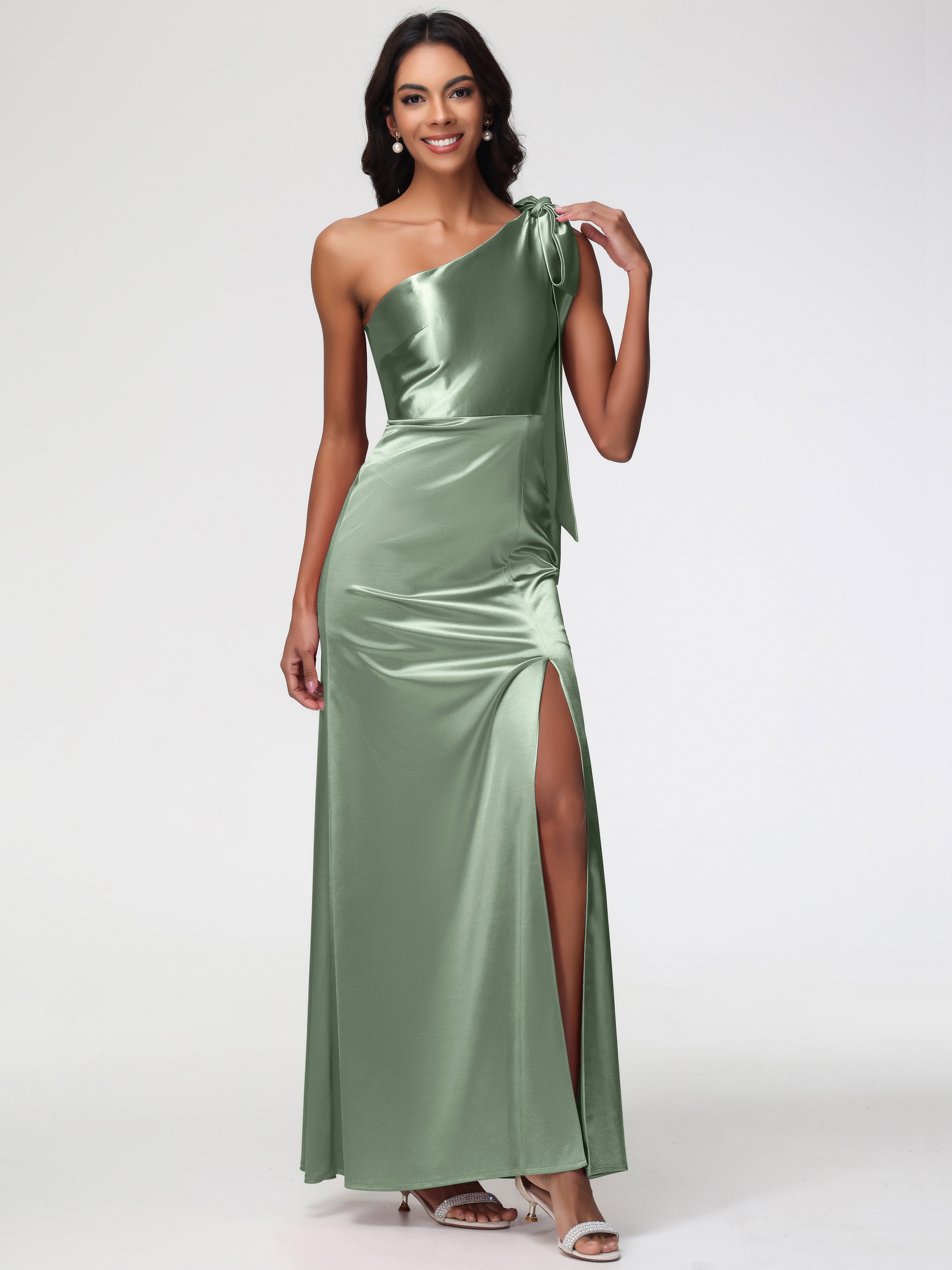 Dusty Sage Dress Bridesmaid Elegant One Shoulder Stretch Satin Sleeveless Sheath/Column Bridesmaid Dresses Dusty Sage Dress Bridesmaid Elegant One Shoulder Stretch Satin Sleeveless Sheath/Column Bridesmaid Dresses
