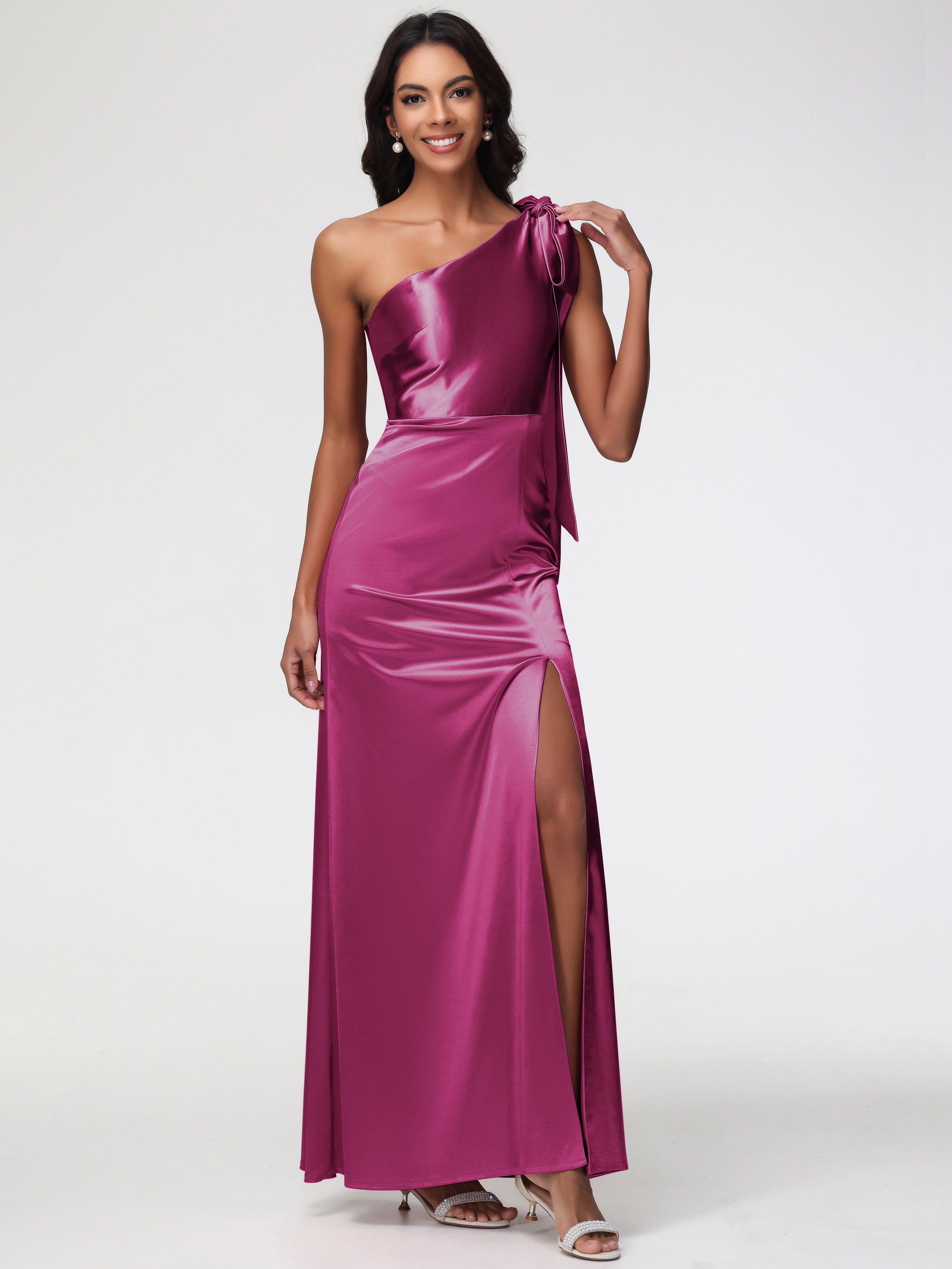 Fuchsia Pink Bridesmaid Dresses Elegant One Shoulder Stretch Satin Sle Fuchsia Pink Bridesmaid Dresses Elegant One Shoulder Stretch Satin Sle