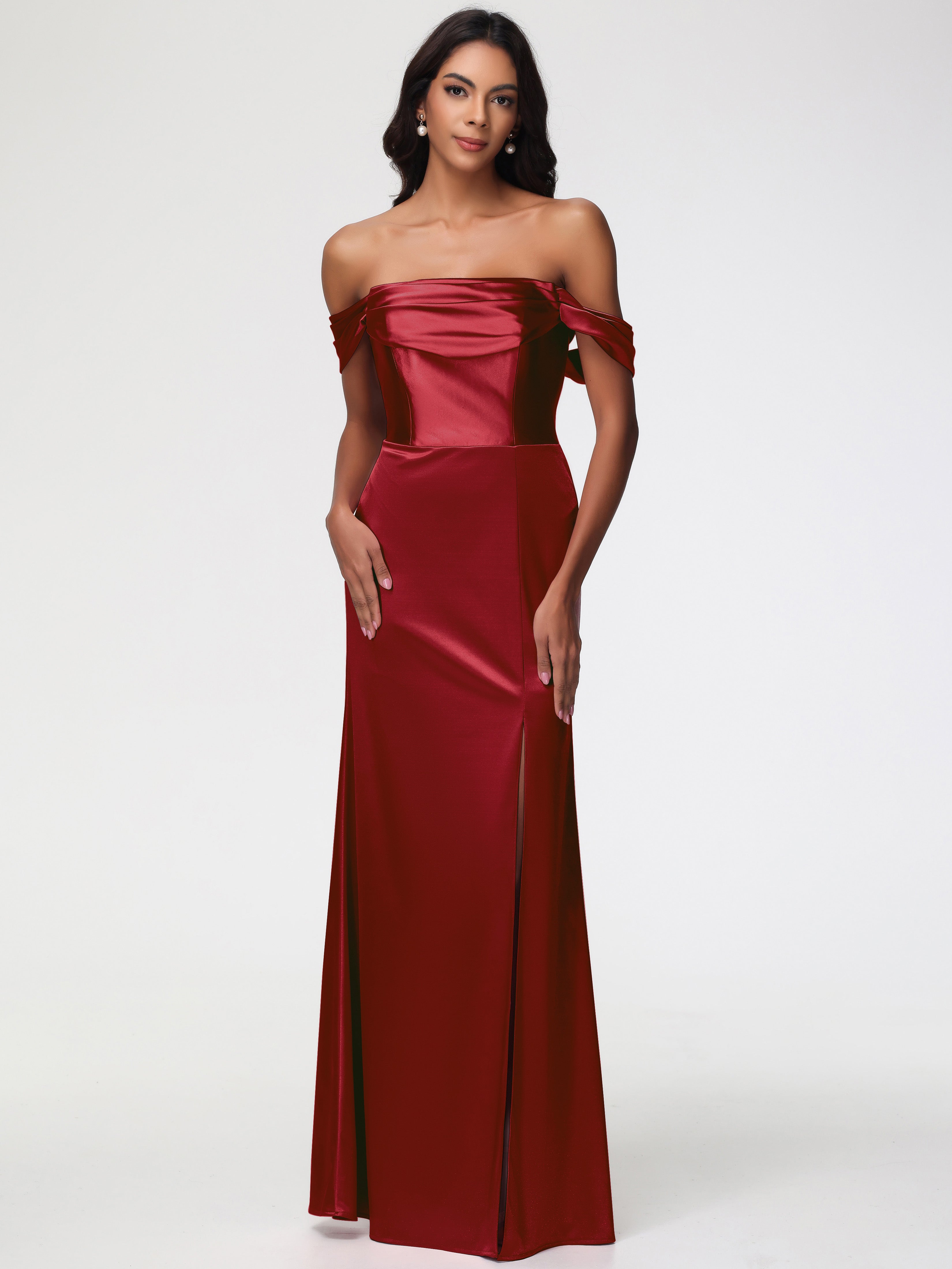 Girls Burgundy Formal Dresses Sheath/Column Off The Shoulder Minimalist Slit Stretch Satin Long Formal Dresses Girls Burgundy Formal Dresses Sheath/Column Off The Shoulder Minimalist Slit Stretch Satin Long Formal Dresses