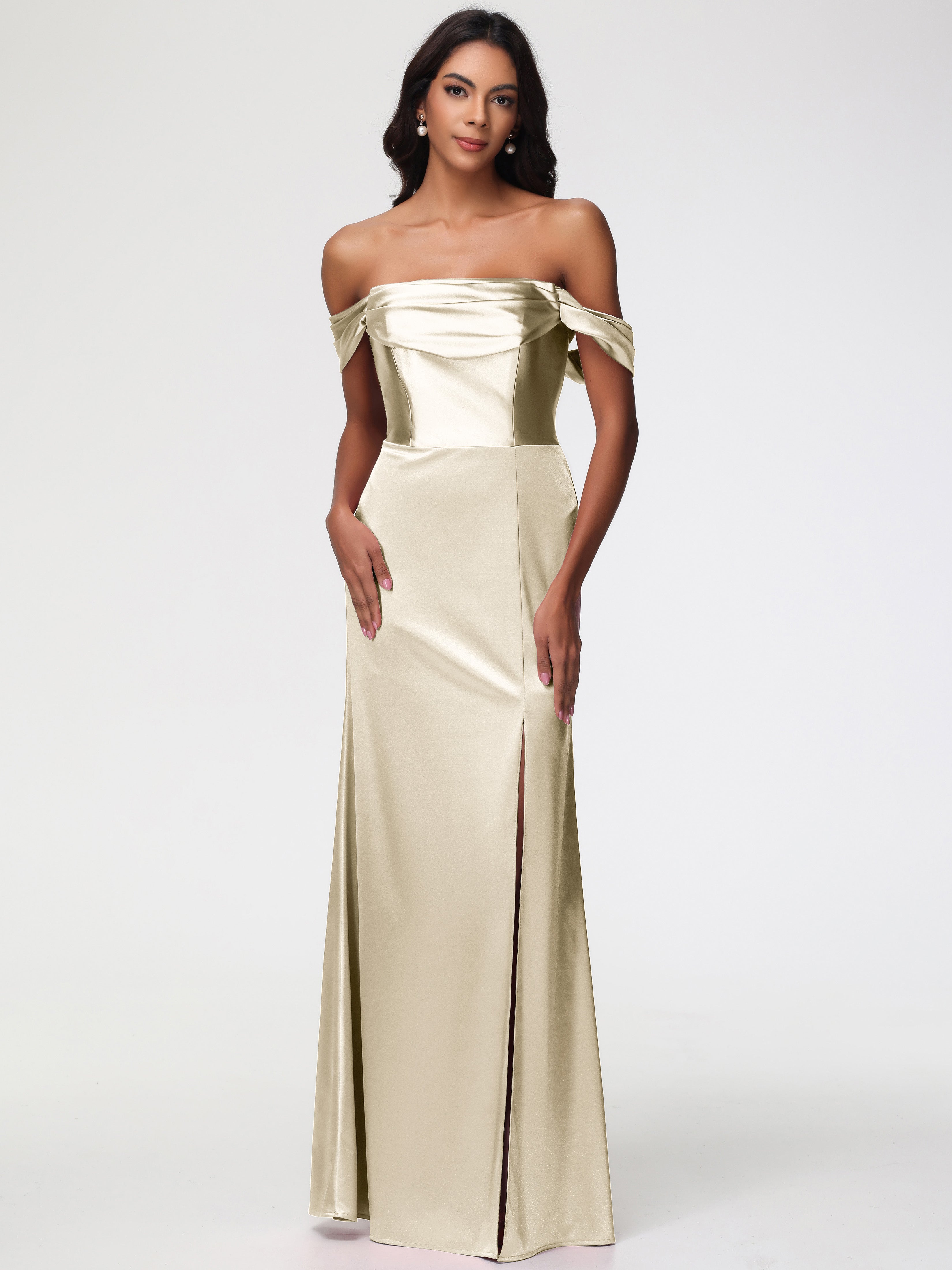 champagne off shoulder bridesmaid dress Azazie Lianne